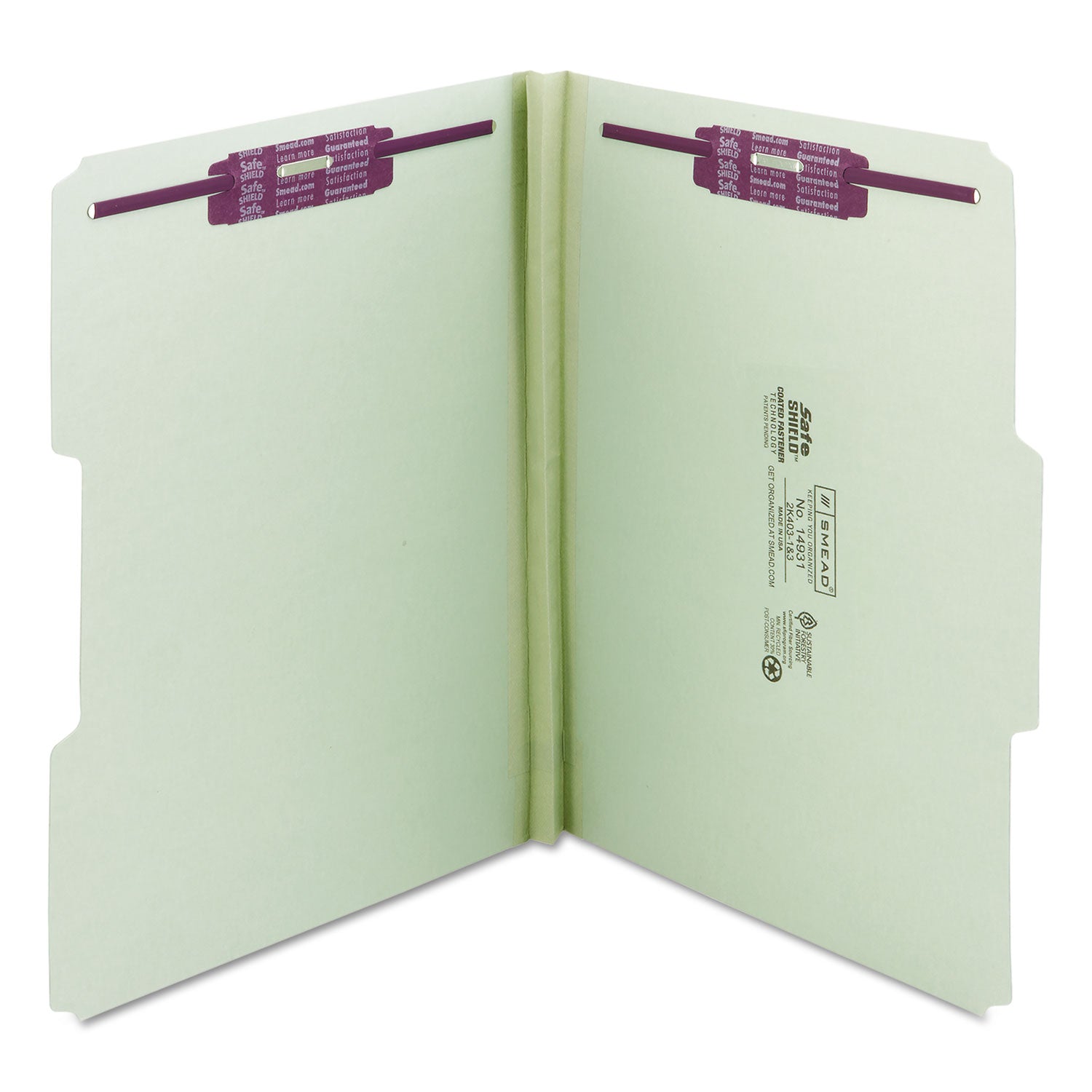 Recycled Pressboard Fastener Folders, 1/3-Cut Tabs, Two SafeSHIELD Fasteners, 1" Expansion, Letter Size, Gray-Green, 25/Box -