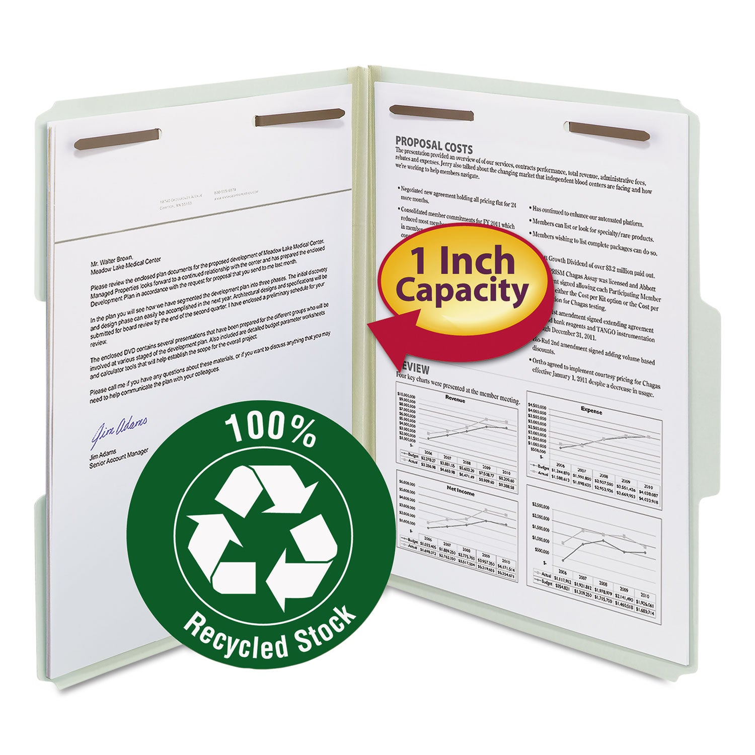 Recycled Pressboard Fastener Folders, 1" Expansion, 2 Fasteners, Letter Size, Gray-Green Exterior, 25/Box -