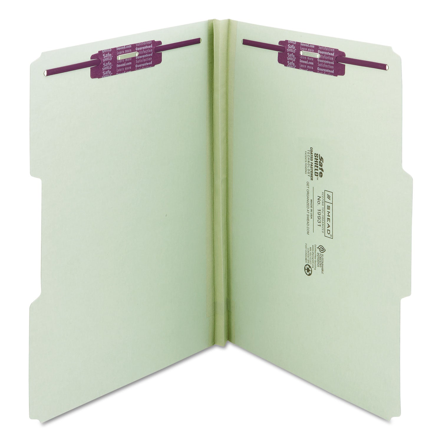 Recycled Pressboard Fastener Folders, 1/3-Cut Tabs, Two SafeSHIELD Fasteners, 1" Expansion, Legal Size, Gray-Green, 25/Box -