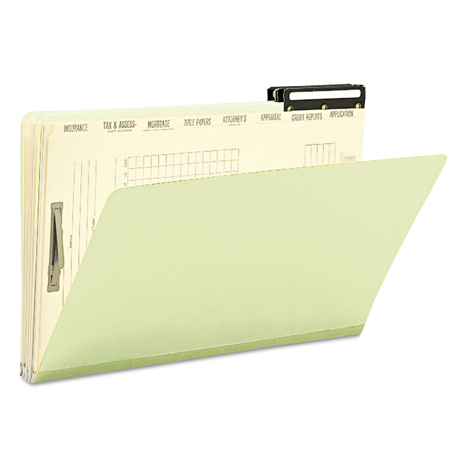 Pressboard Mortgage Folders, 1" Expansion, 8 Dividers, 1 Fastener, Legal Size, Green Exterior, 10/Box -