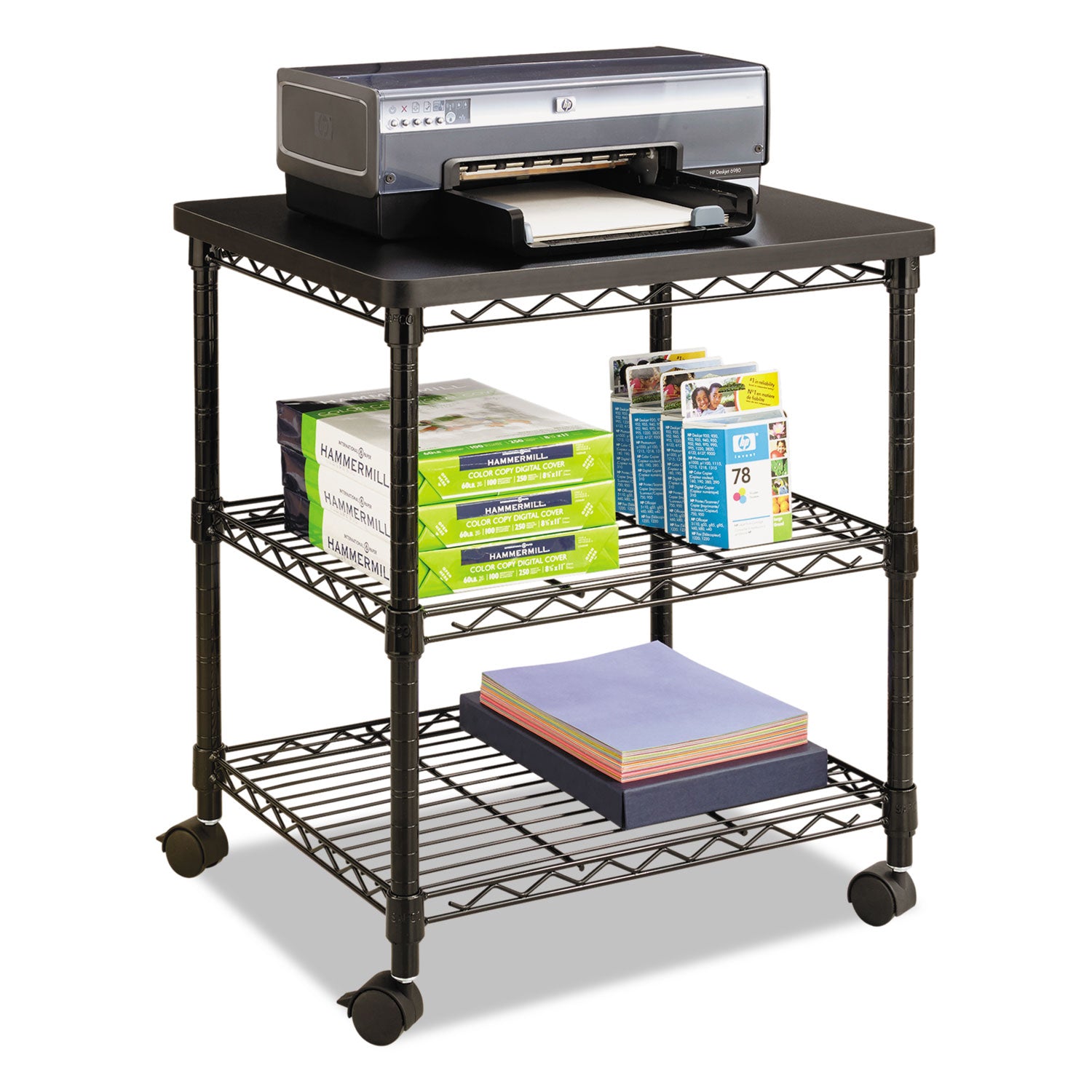 Desk Side Wire Machine Stand, Metal, 3 Shelves, 200 lb Capacity, 24" x 20" x 27", Black -