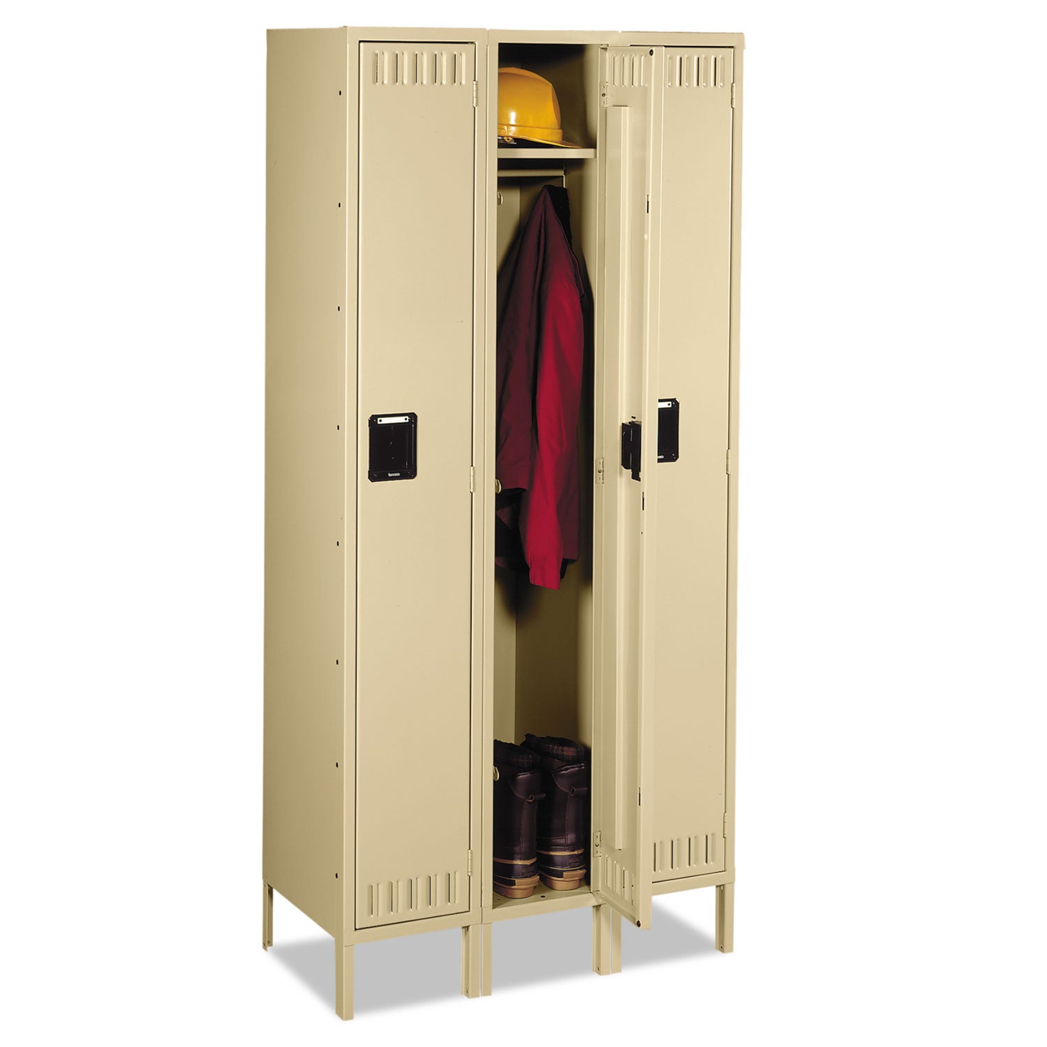 Single-Tier Locker with Legs, Three Lockers with Hat Shelves and Coat Rods, 36w x 18d x 78h, Sand -