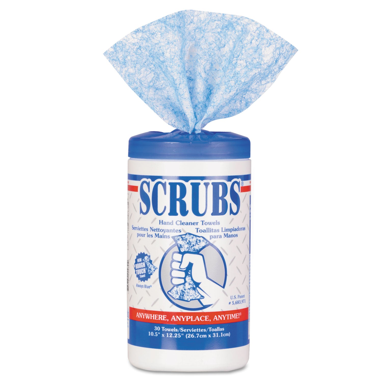 Hand Cleaner Towels, 1-Ply, 10 x 12, Citrus, Blue/White, 30/Canister -