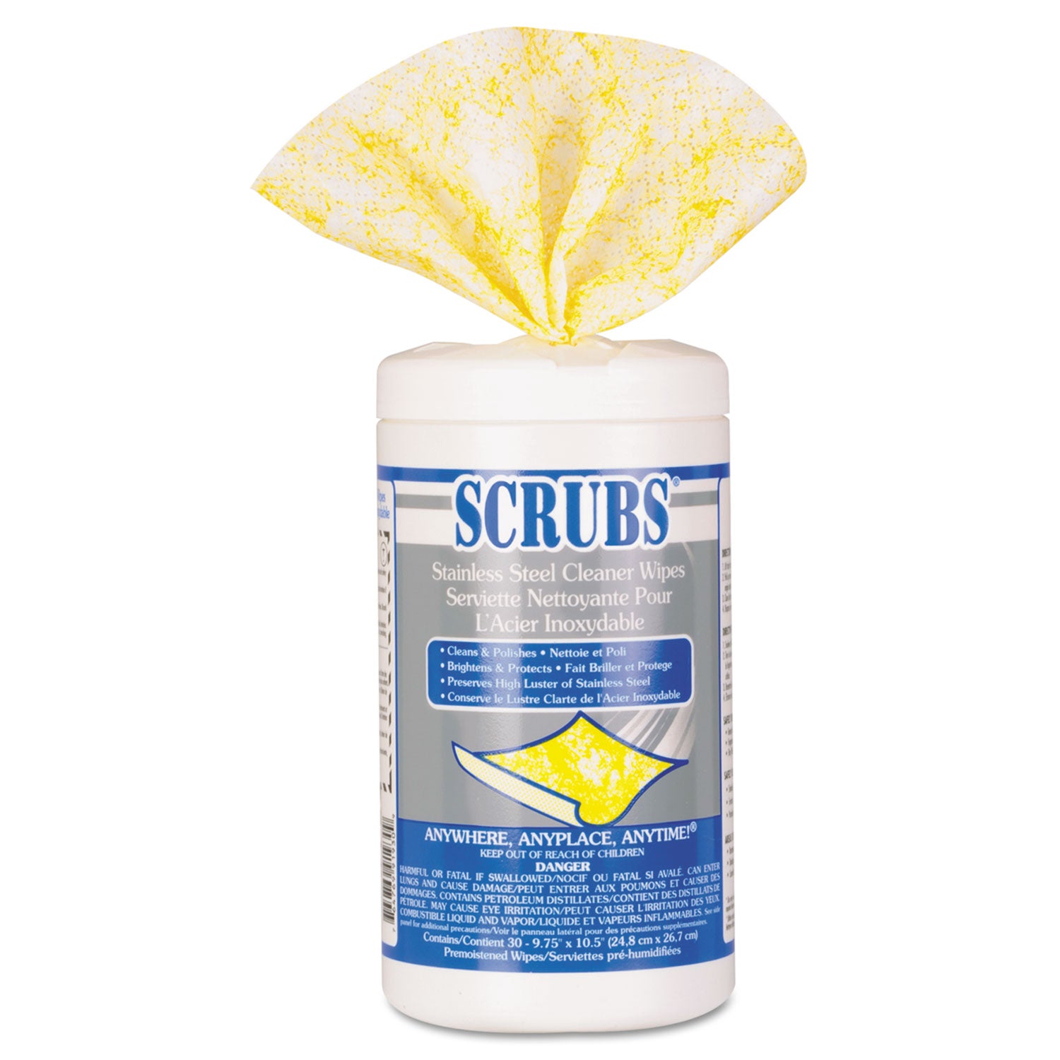 Stainless Steel Cleaner Towels, 1-Ply, 9.75 x 10.5, Lemon Scent, 30/Canister -