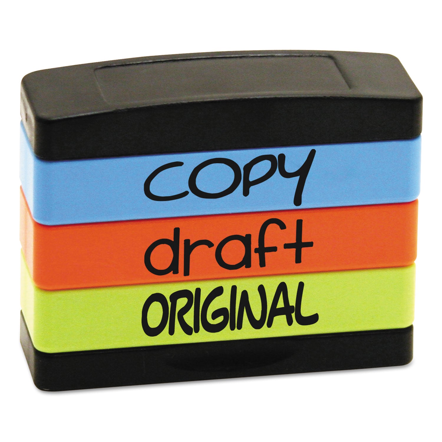 Interlocking Stack Stamp, COPY, DRAFT, ORIGINAL, 1.81" x 0.63", Assorted Fluorescent Ink -