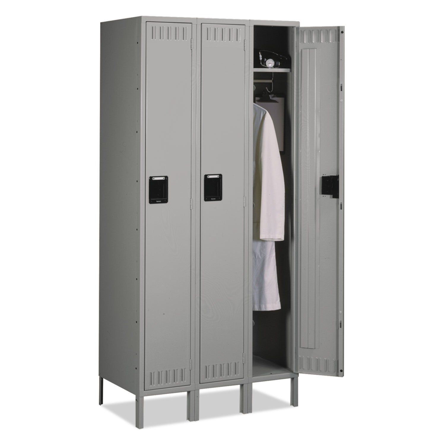 Single-Tier Locker with Legs, Three Lockers with Hat Shelves and Coat Rods, 36w x 18d x 78h, Medium Gray -