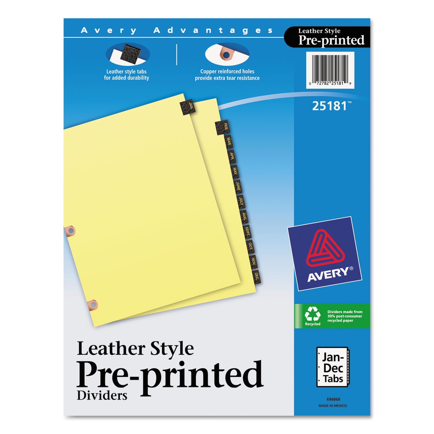 Preprinted Black Leather Tab Dividers w/Copper Reinforced Holes, 12-Tab, Jan. to Dec., 11 x 8.5, Buff, 1 Set -