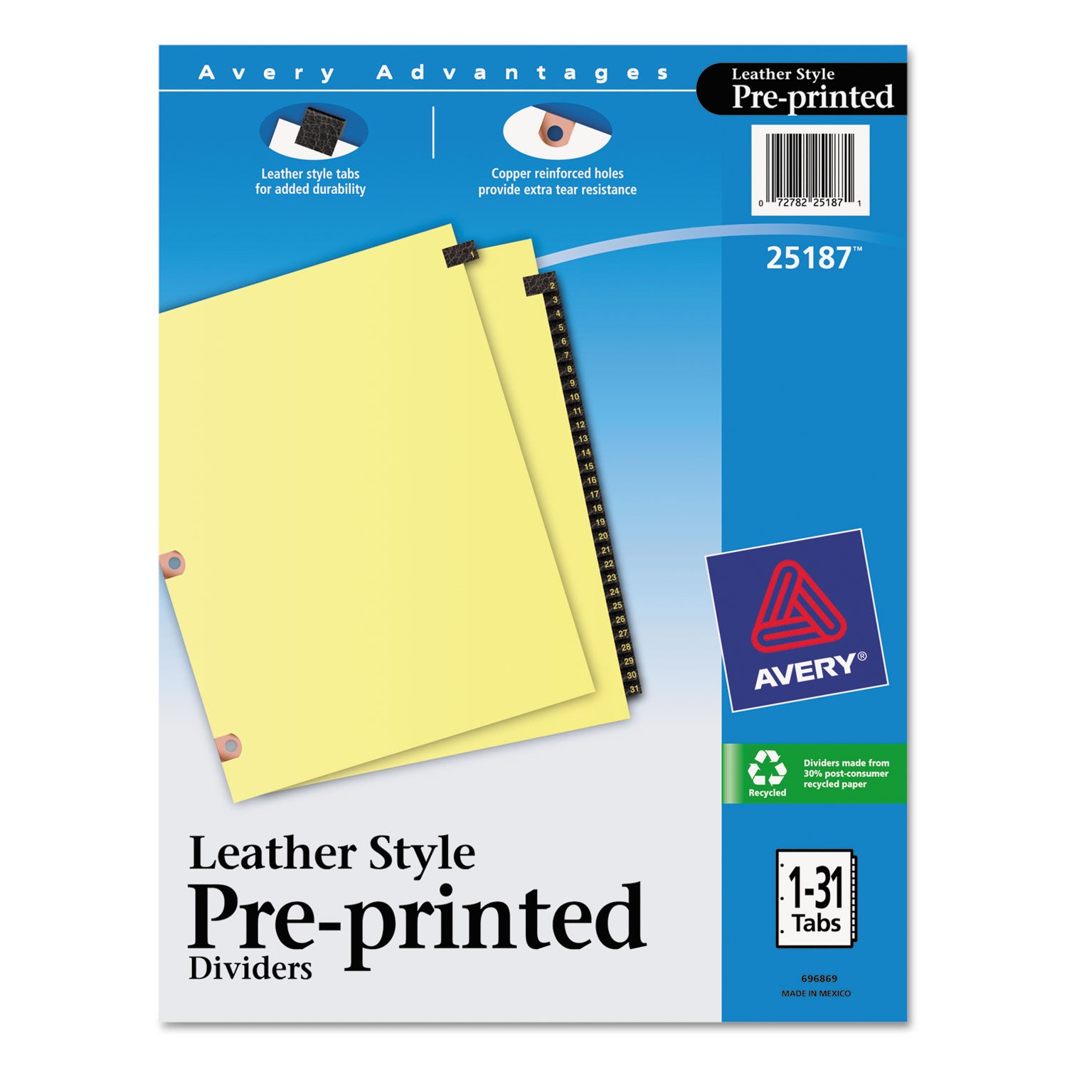 Preprinted Black Leather Tab Dividers w/Copper Reinforced Holes, 31-Tab, 1 to 31, 11 x 8.5, Buff, 1 Set -