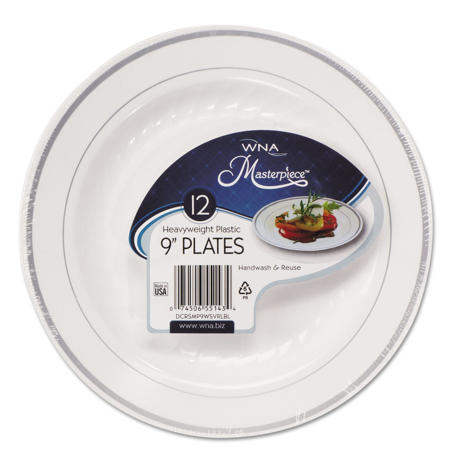 Masterpiece Plastic Dinnerware, 9" dia, White/Silver, 10/Pack -
