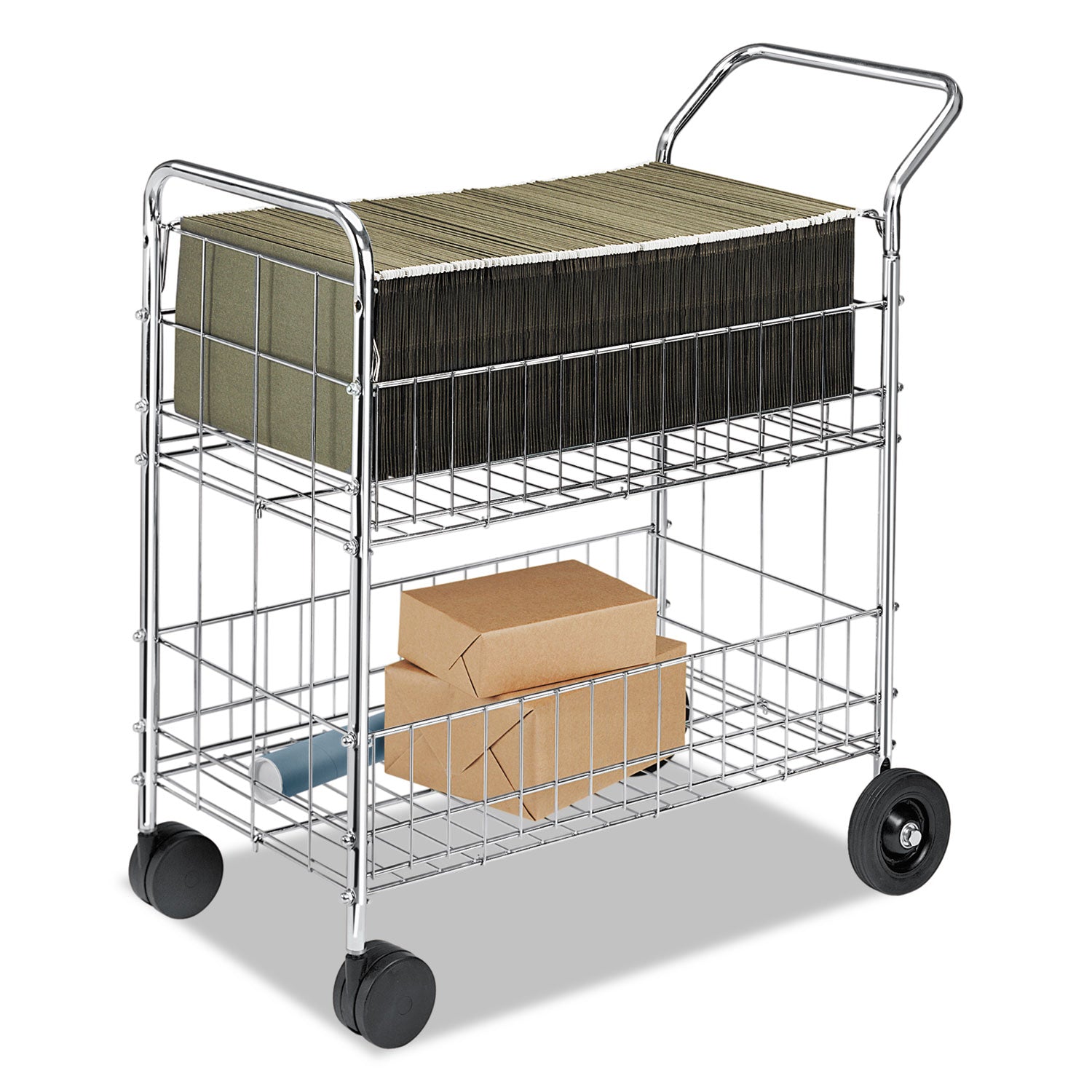 Wire Mail Cart, Metal, 2 Bins, 21.5" x 37.5" x 39.5", Chrome -