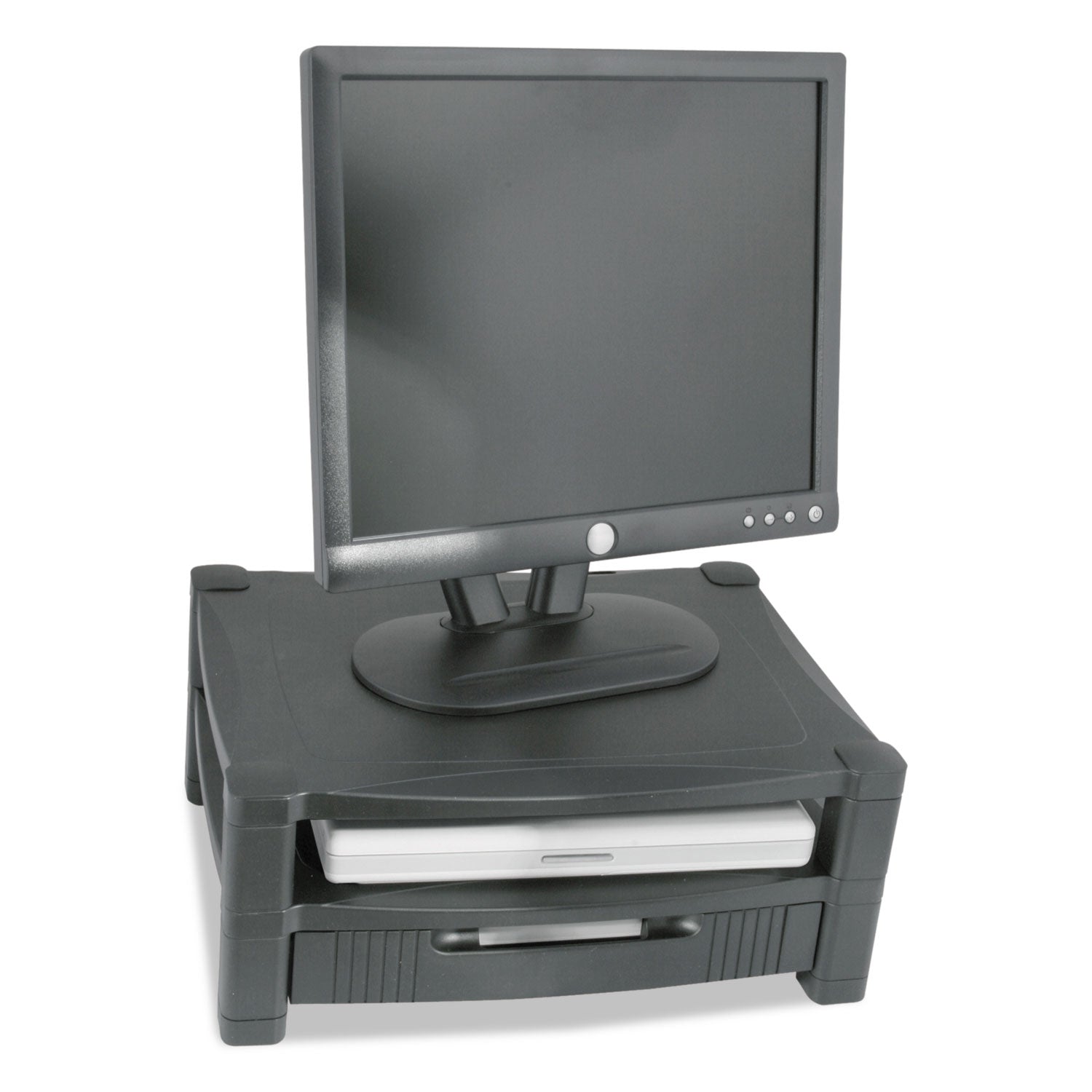 Two-Level Monitor Stand, 17" x 13.25" x 3.5" to 7", Black, Supports 50 lbs -