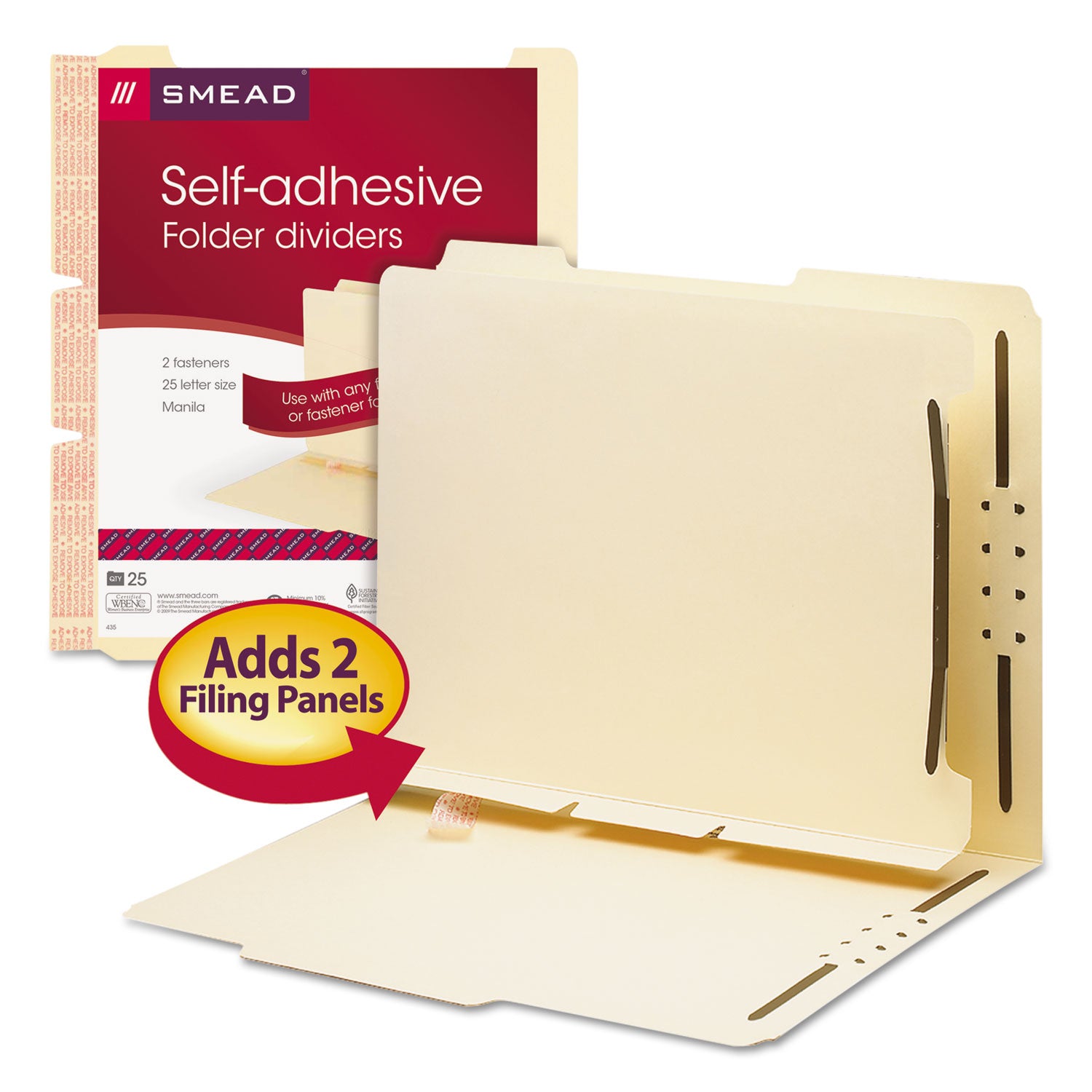 Self-Adhesive Folder Dividers with Twin-Prong Fasteners for Top/End Tab Folders, 1 Fastener, Letter Size, Manila, 25/Pack -