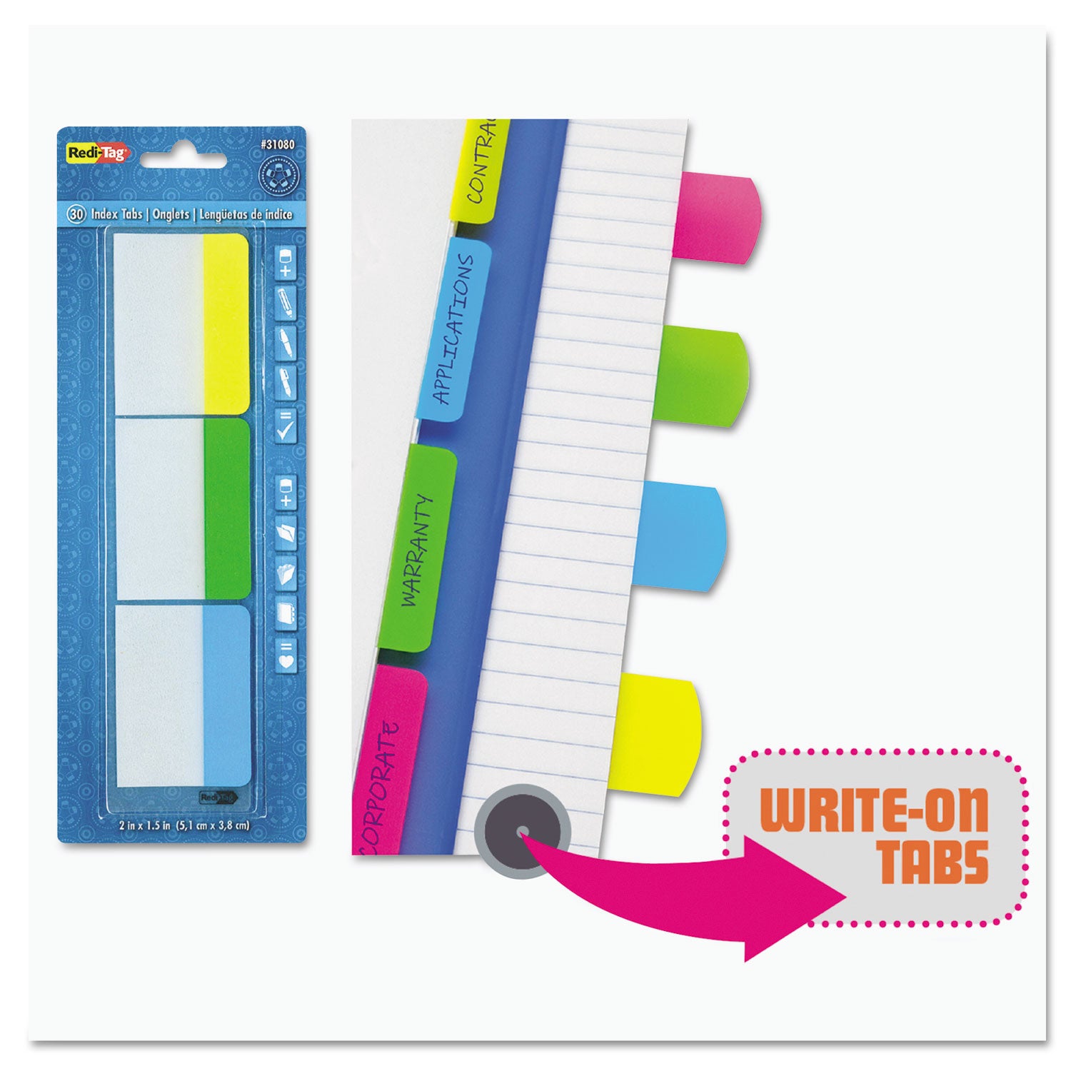Write-On Index Tabs, 1/5-Cut, Assorted Colors, 2" Wide, 48/Pack -