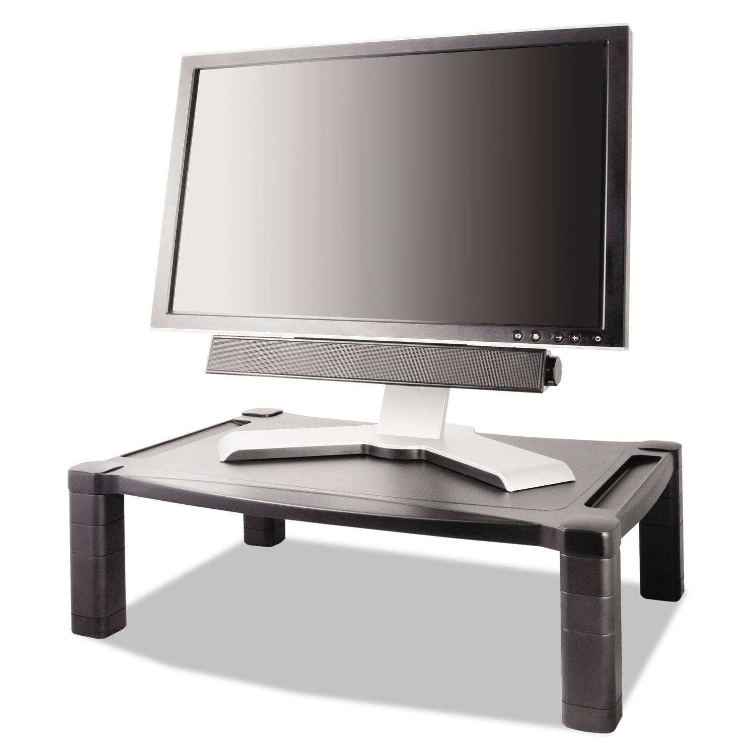 Wide Deluxe Two-Level Monitor Stand, 20" x 13.25" x 3" to 6.5", Black, Supports 50 lbs -