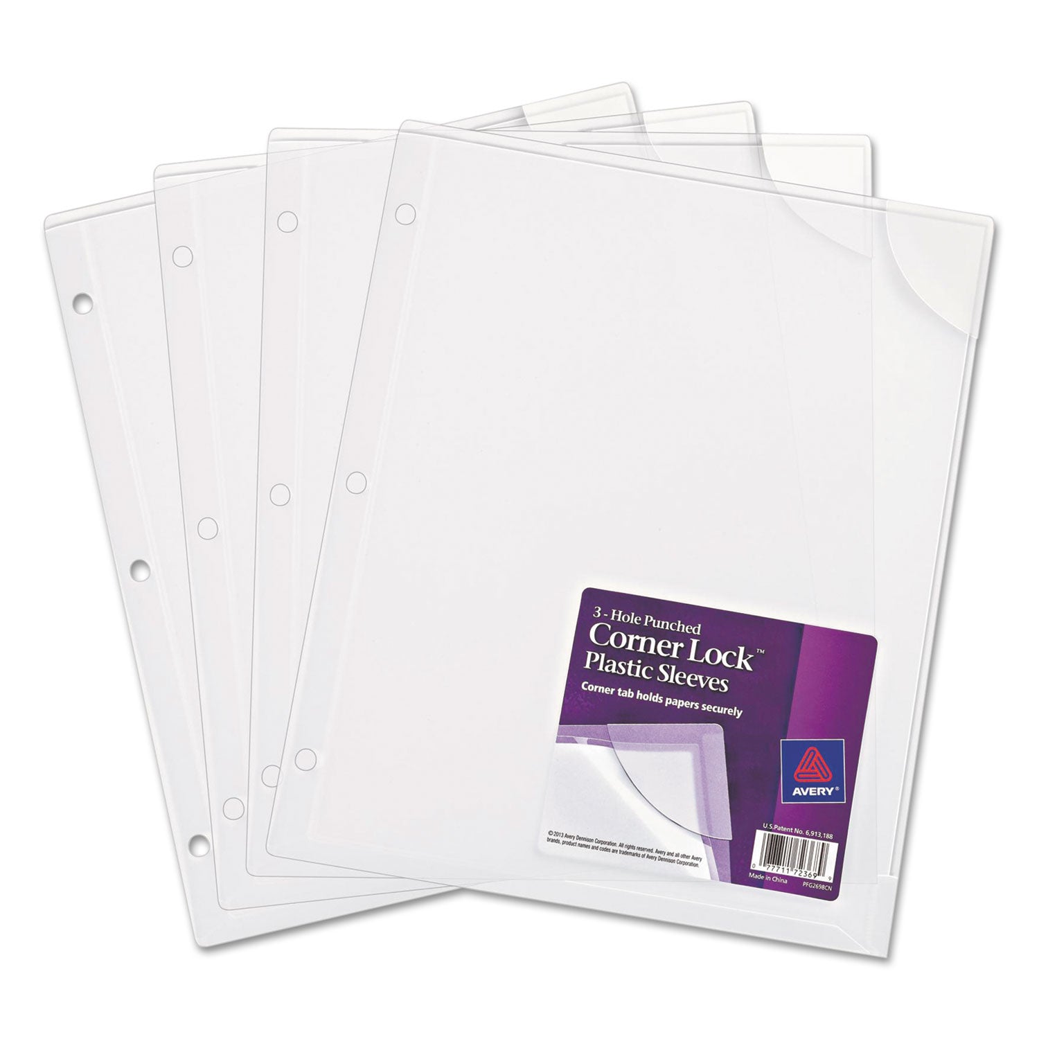 Three-Hole Punched Corner Lock Plastic Sleeves, 9.5 x 11.75, Clear, 4/Pack -