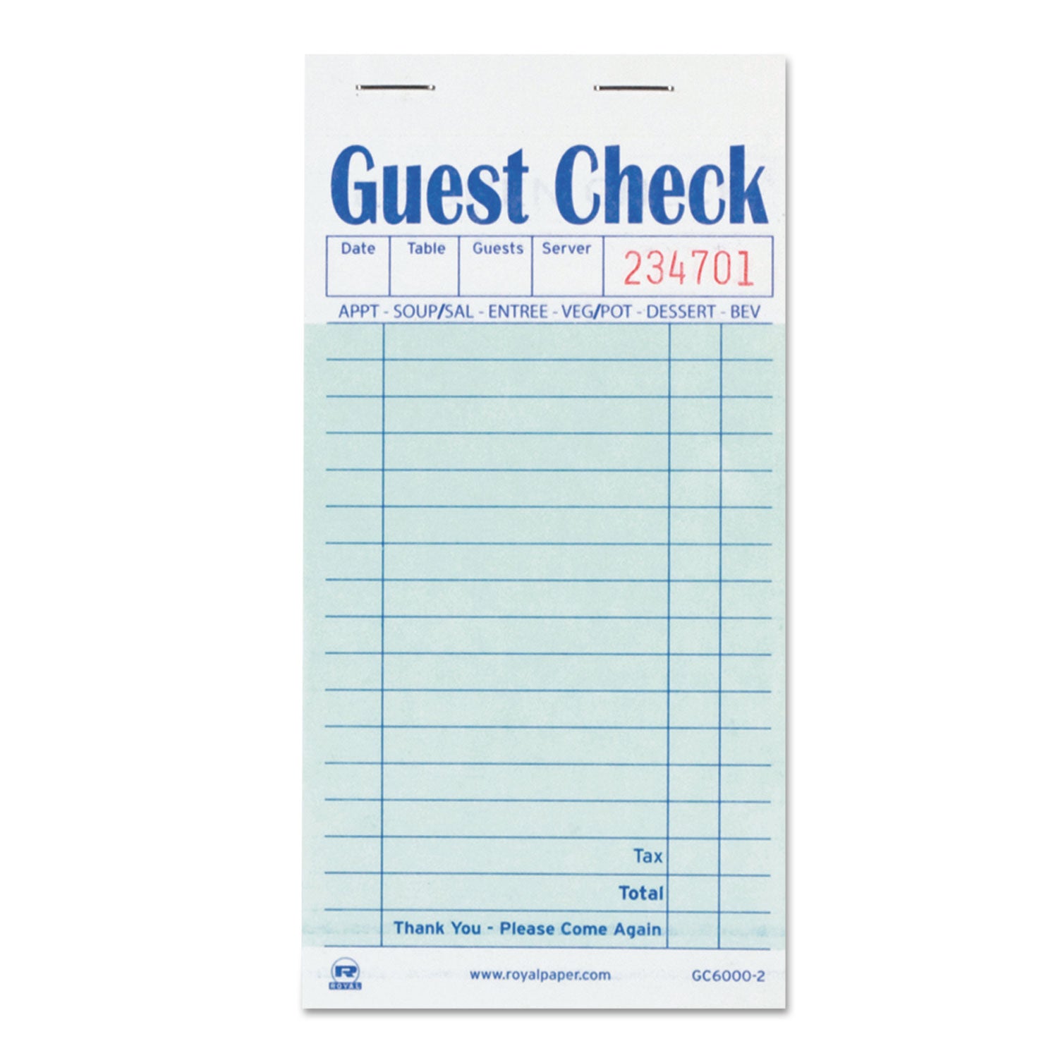 Guest Check Pad, 17 Lines, Two-Part Carbon, 3.5 x 6.7, 50 Forms/Pad, 50 Pads/Carton -