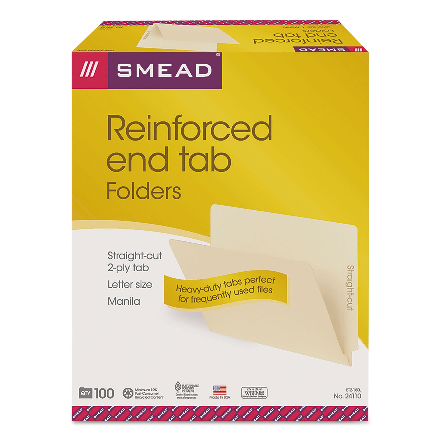 Heavyweight Manila End Tab Folders, 9.5" High Front, Straight Tabs, Letter Size, 0.75" Expansion, Manila, 100/Box -