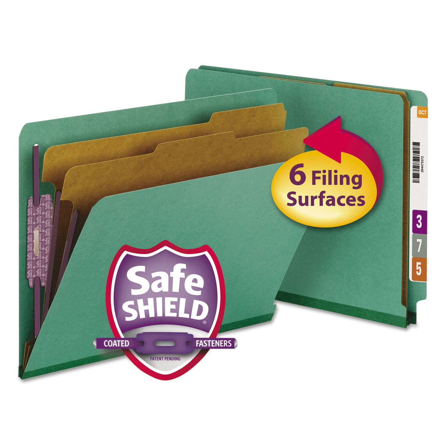 End Tab Pressboard Classification Folders, Six SafeSHIELD Fasteners, 2" Expansion, 2 Dividers, Letter Size, Green, 10/Box -