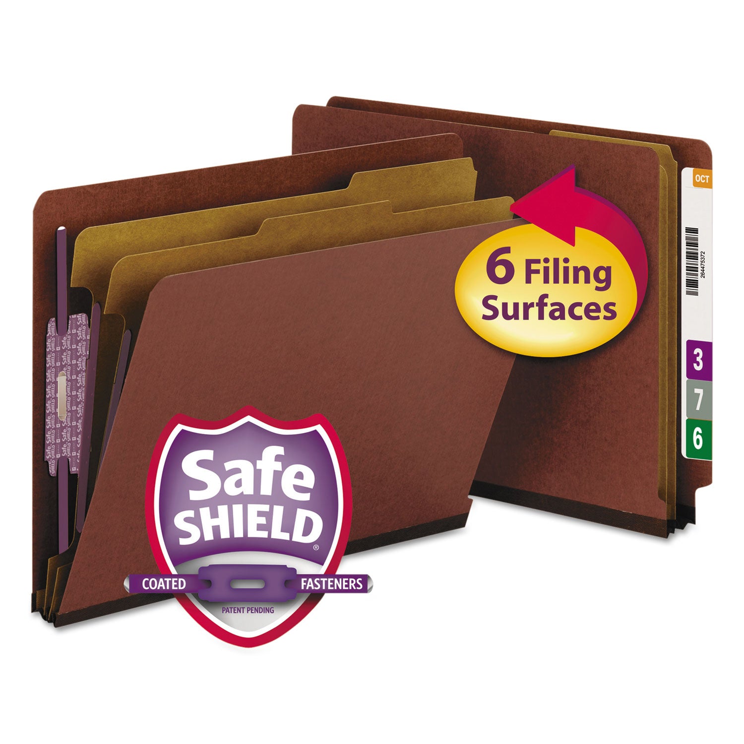End Tab Pressboard Classification Folders, Six SafeSHIELD Fasteners, 2" Expansion, 2 Dividers, Letter Size, Red, 10/Box -