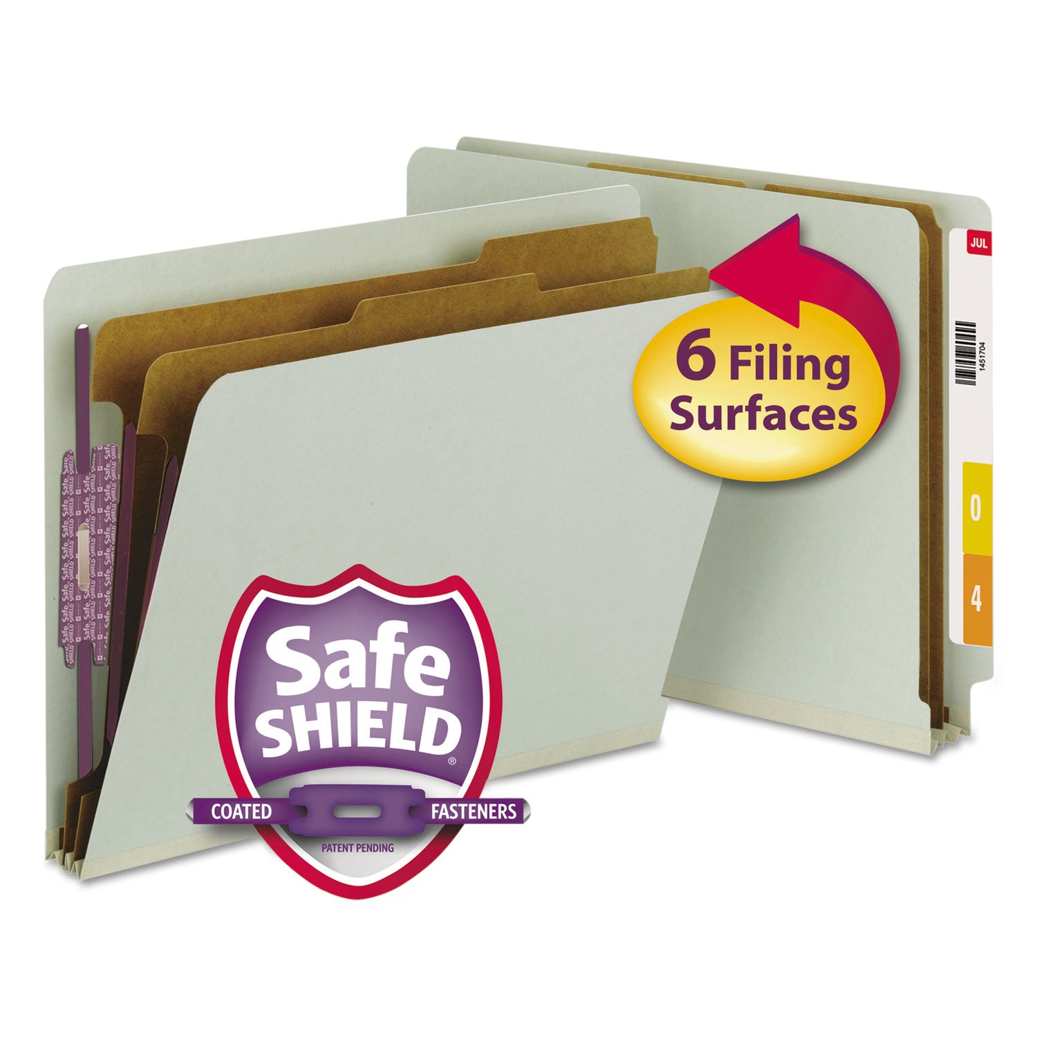 End Tab Pressboard Classification Folders, Six SafeSHIELD Fasteners, 2" Expansion, 2 Dividers, Letter Size, Gray-Green, 10/BX -