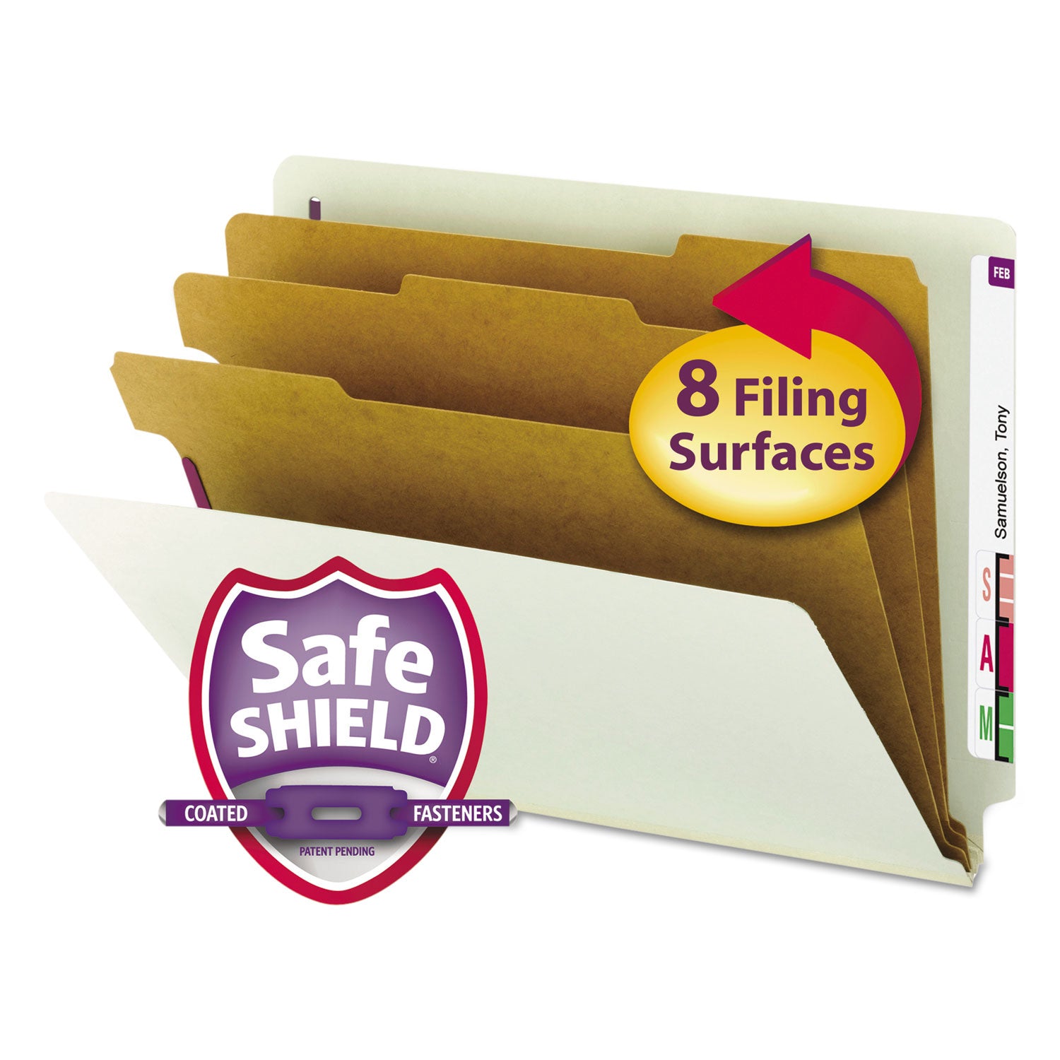 End Tab Pressboard Classification Folder, Eight SafeSHIELD Fasteners, 3" Expansion, 3 Dividers, Letter Size, Gray-Green,10/BX -
