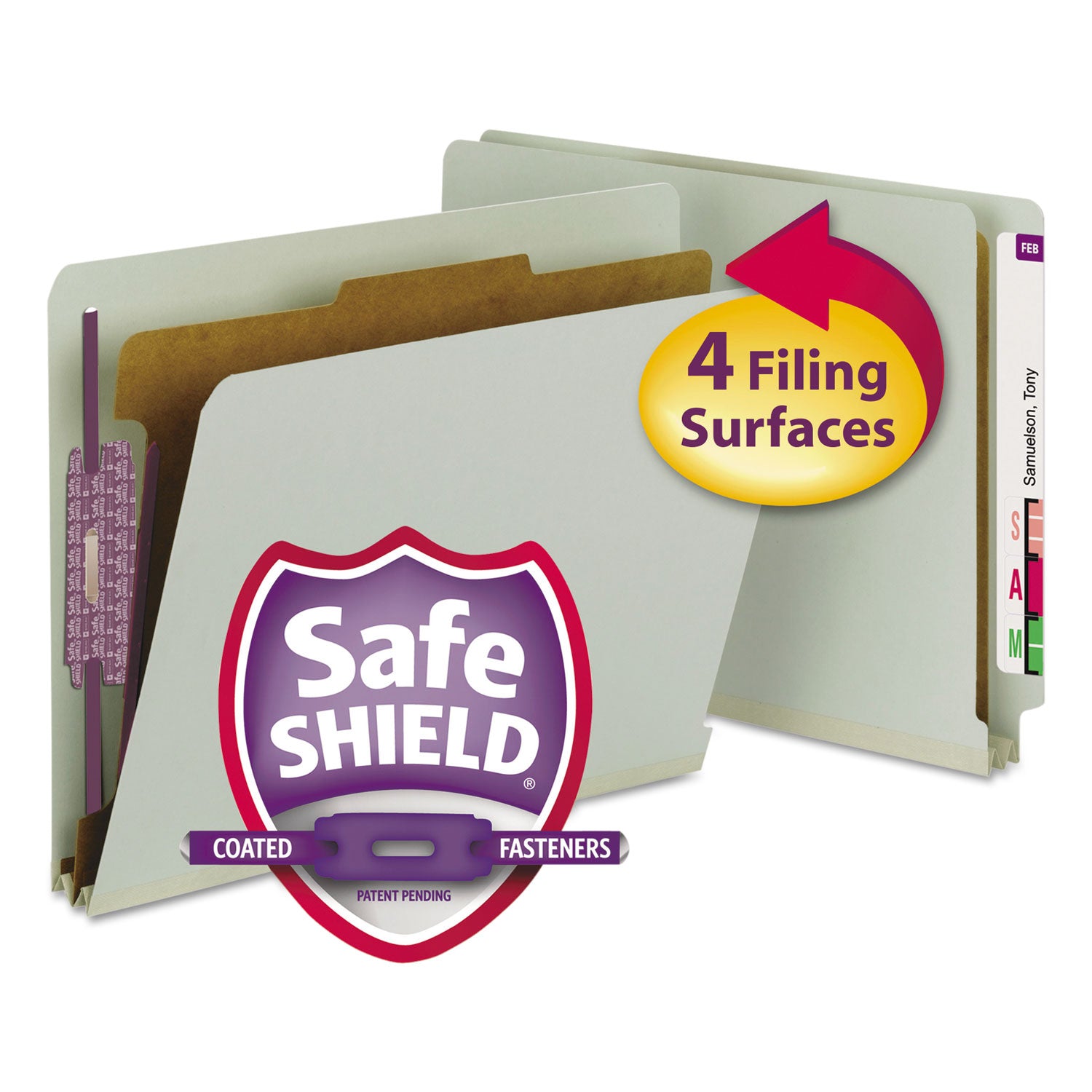 End Tab Pressboard Classification Folders, Four SafeSHIELD Fasteners, 2" Expansion, 1 Divider, Letter Size, Gray-Green, 10/BX -