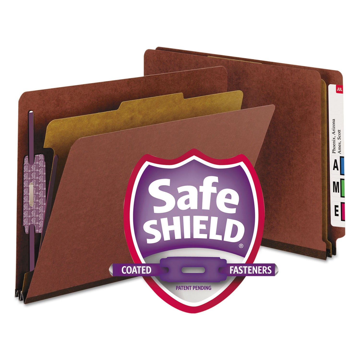 End Tab Pressboard Classification Folders, Four SafeSHIELD Fasteners, 2" Expansion, 1 Divider, Letter Size, Red, 10/Box -