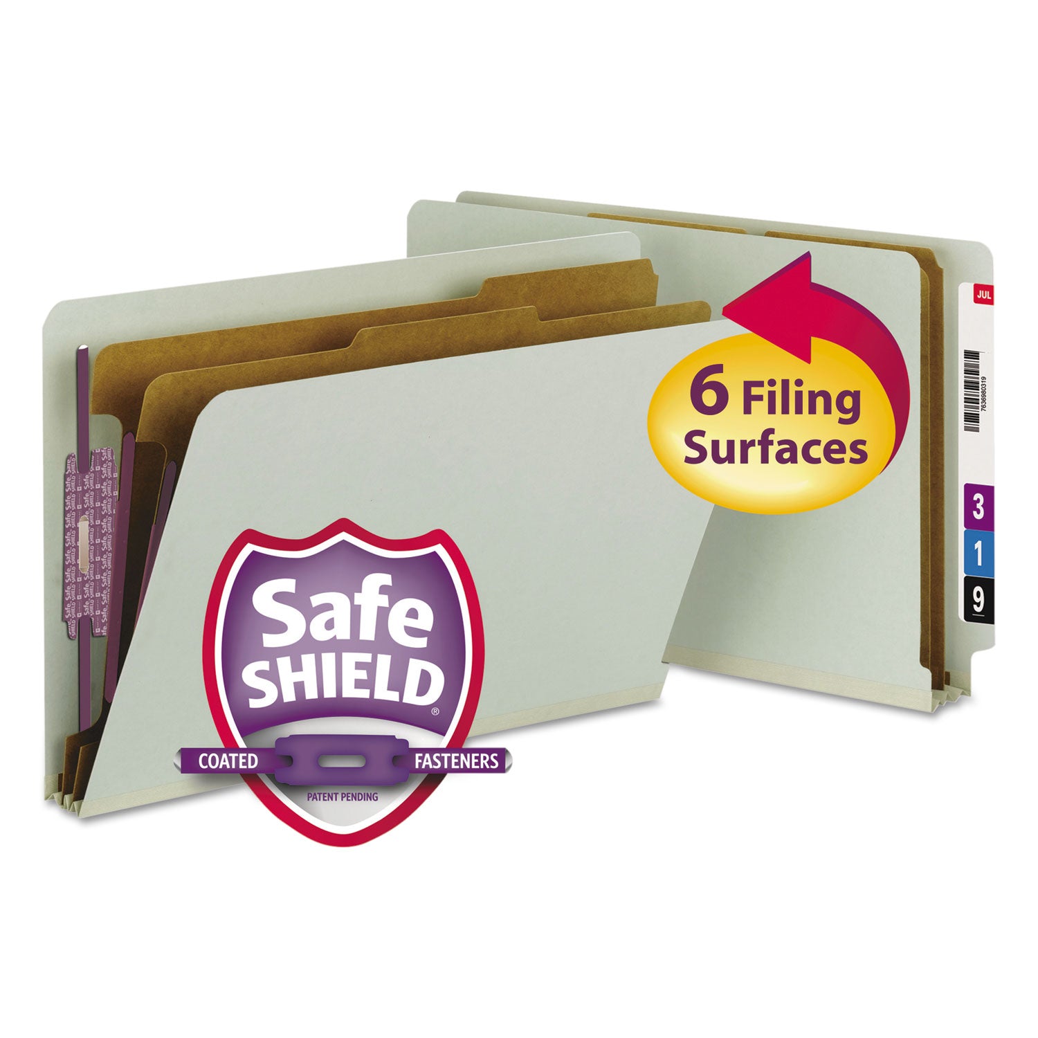 End Tab Pressboard Classification Folders, Six SafeSHIELD Fasteners, 2" Expansion, 2 Dividers, Legal Size, Gray-Green, 10/Box -
