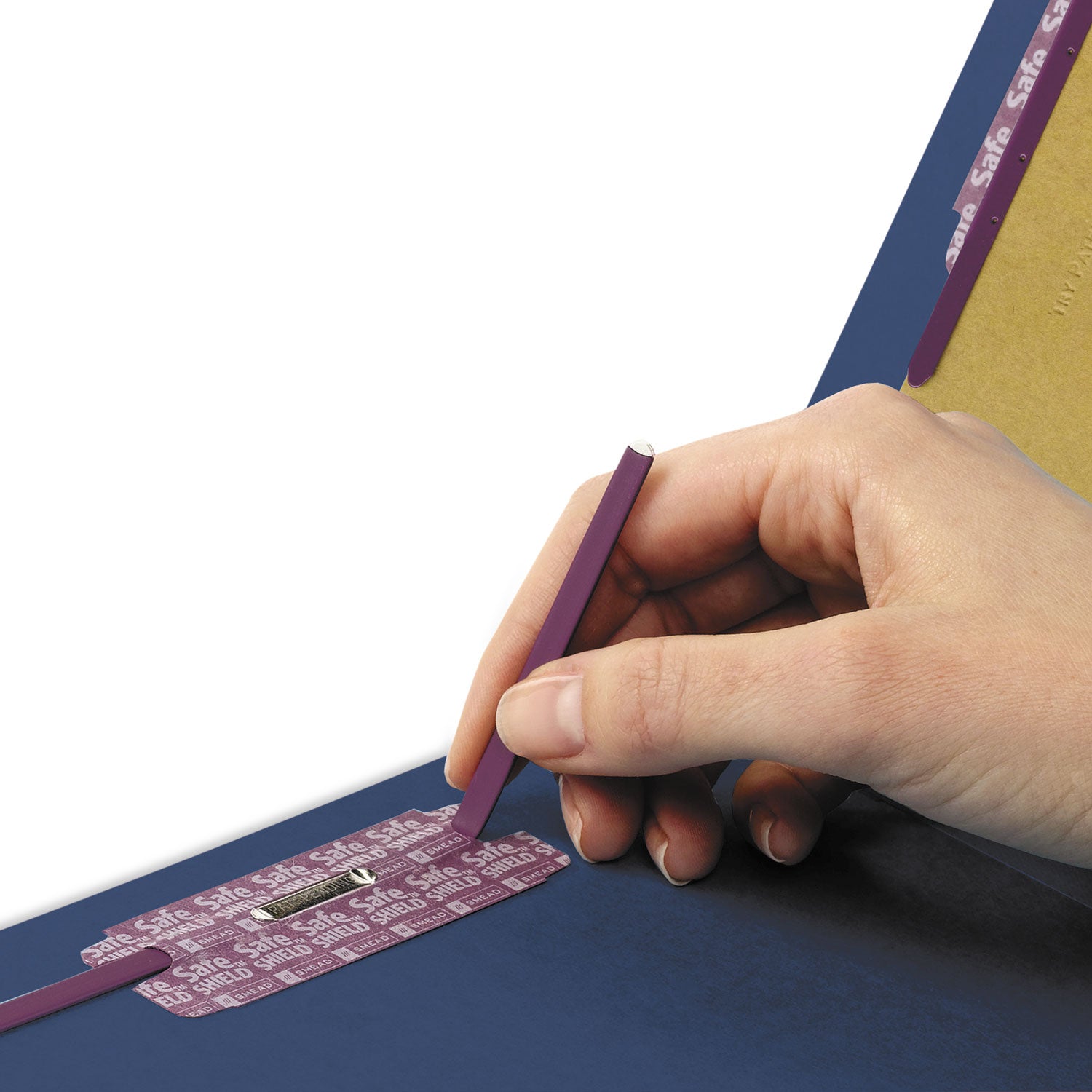End Tab Pressboard Classification Folders, Six SafeSHIELD Fasteners, 2" Expansion, 2 Dividers, Legal Size, Dark Blue, 10/Box -
