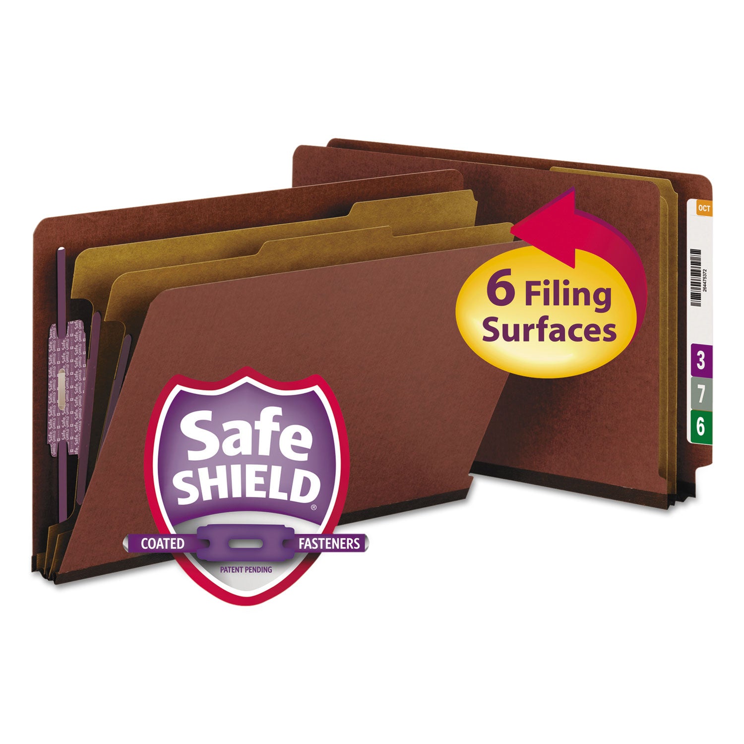 End Tab Pressboard Classification Folders, Six SafeSHIELD Fasteners, 2" Expansion, 2 Dividers, Legal Size, Red, 10/Box -