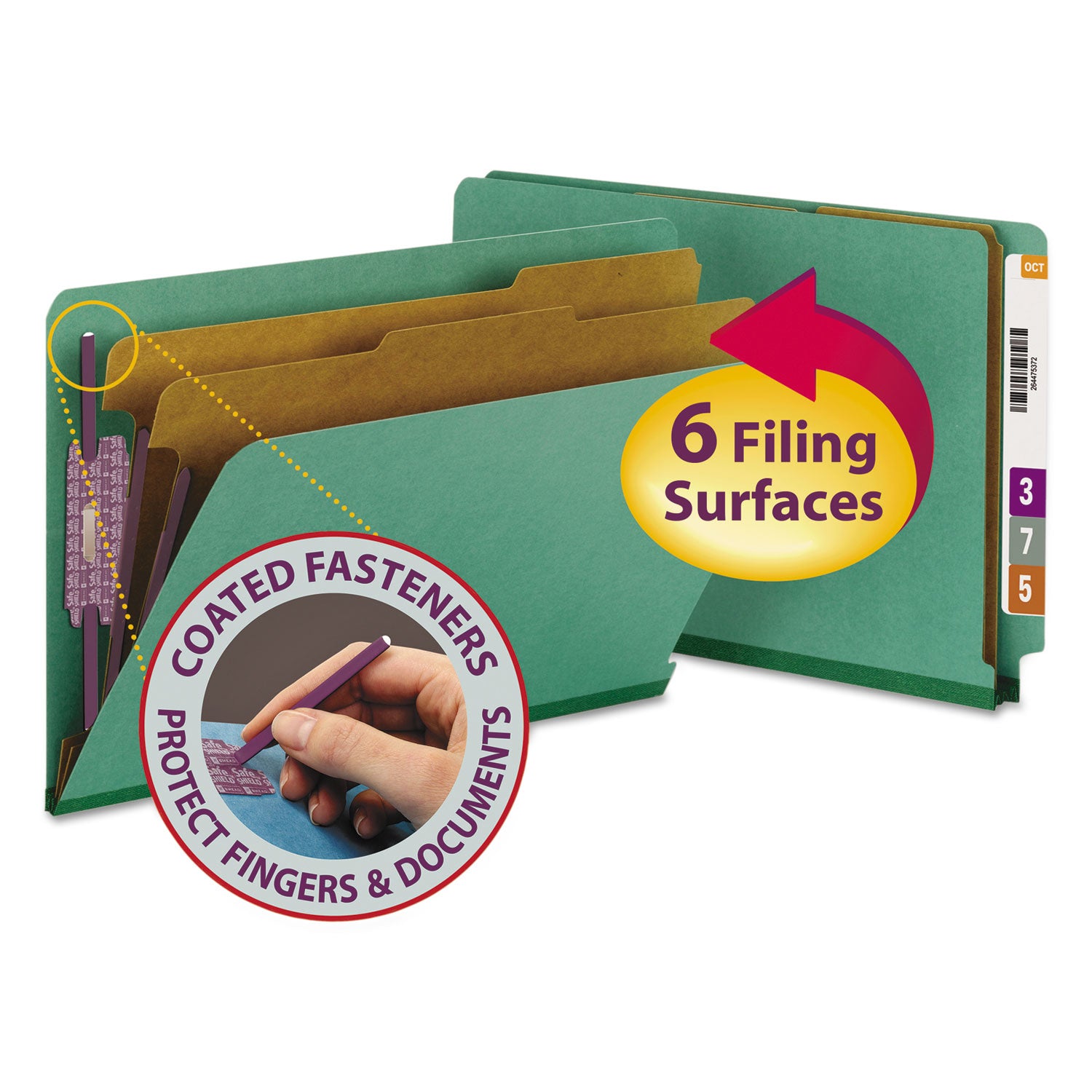 End Tab Pressboard Classification Folders, Six SafeSHIELD Fasteners, 2" Expansion, 2 Dividers, Legal Size, Green, 10/Box -