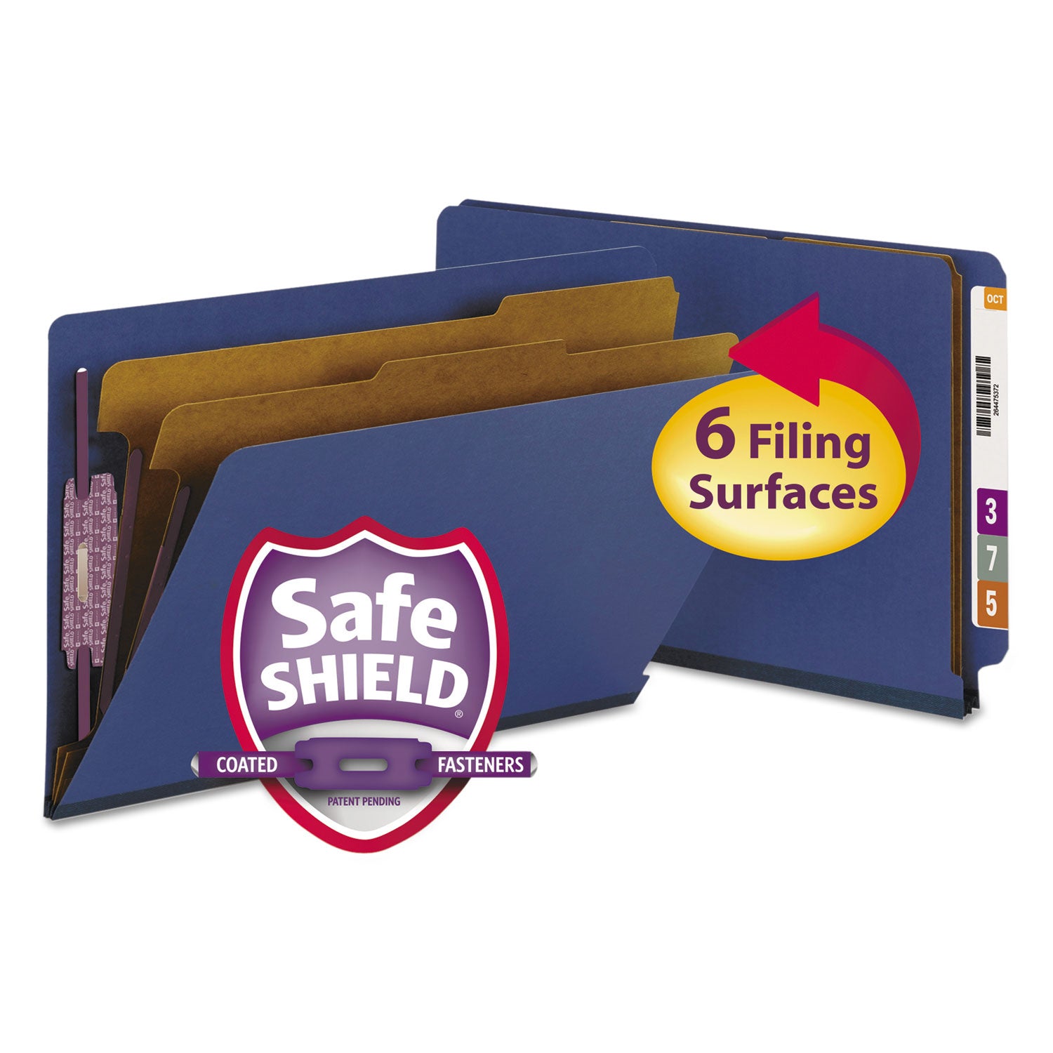 End Tab Pressboard Classification Folders, Six SafeSHIELD Fasteners, 2" Expansion, 2 Dividers, Legal Size, Dark Blue, 10/Box -