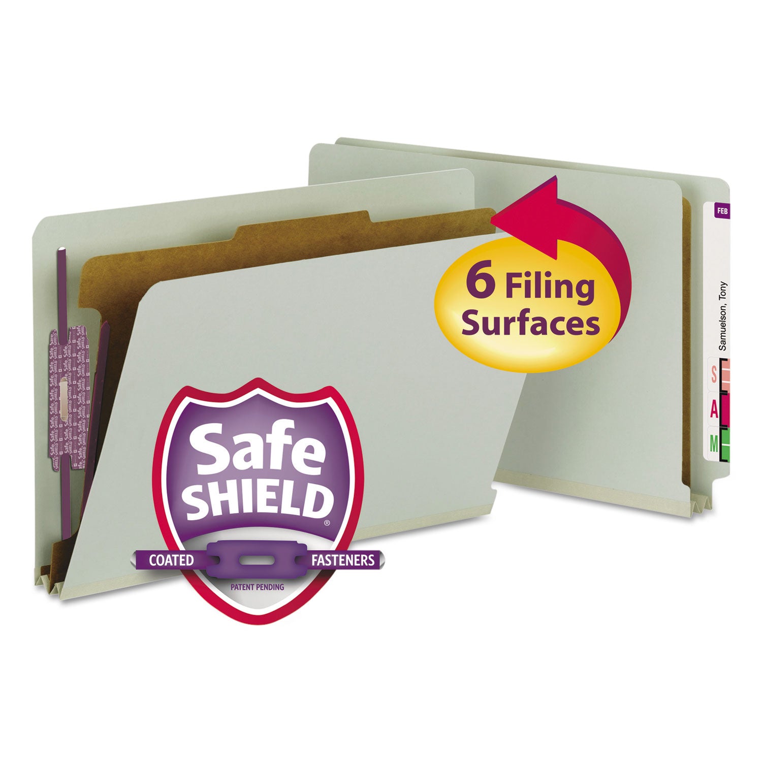 End Tab Pressboard Classification Folders, Four SafeSHIELD Fasteners, 2" Expansion, 1 Divider, Legal Size, Gray-Green, 10/Box -