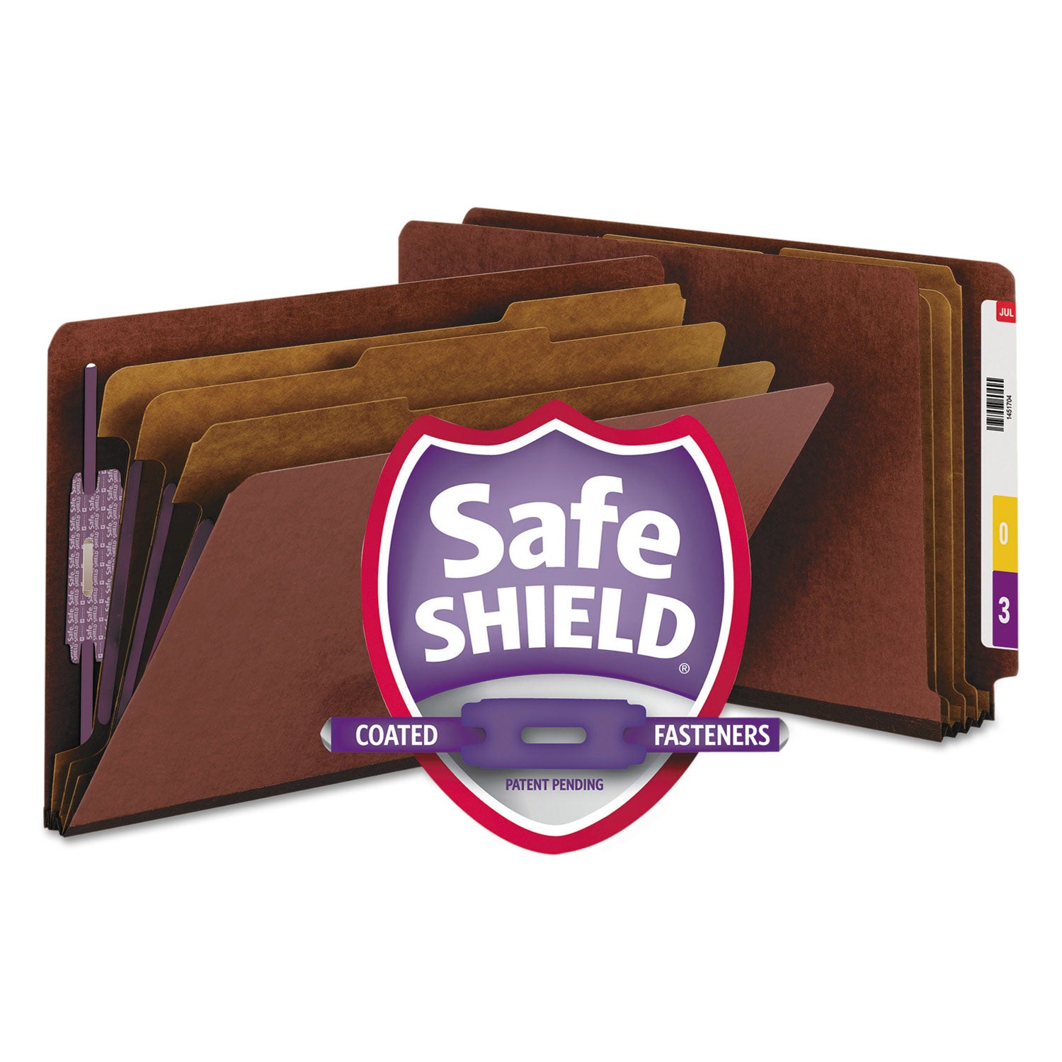 End Tab Pressboard Classification Folders, Eight SafeSHIELD Fasteners, 3" Expansion, 3 Dividers, Legal Size, Red, 10/Box -