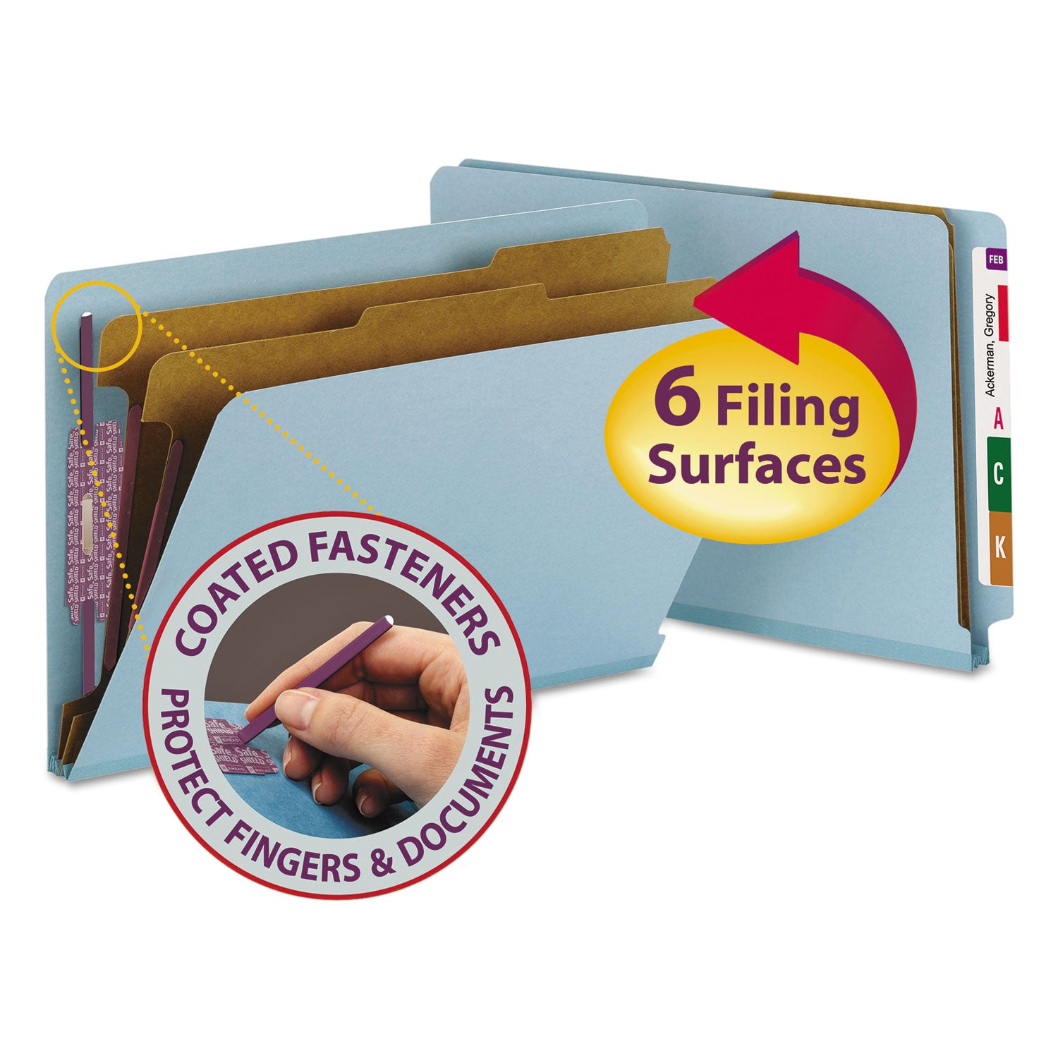 End Tab Pressboard Classification Folders, Six SafeSHIELD Fasteners, 2" Expansion, 2 Dividers, Legal Size, Blue, 10/Box -