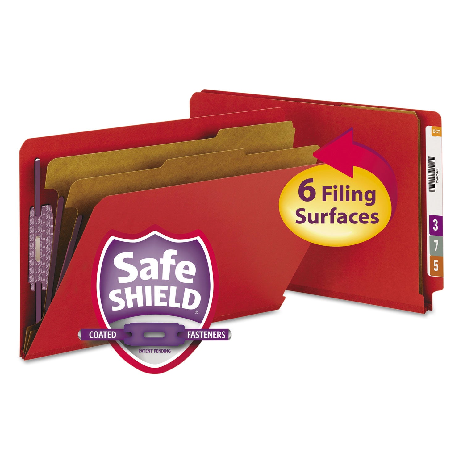 End Tab Pressboard Classification Folders, Six SafeSHIELD Fasteners, 2" Expansion, 2 Dividers, Legal Size, Bright Red, 10/Box -