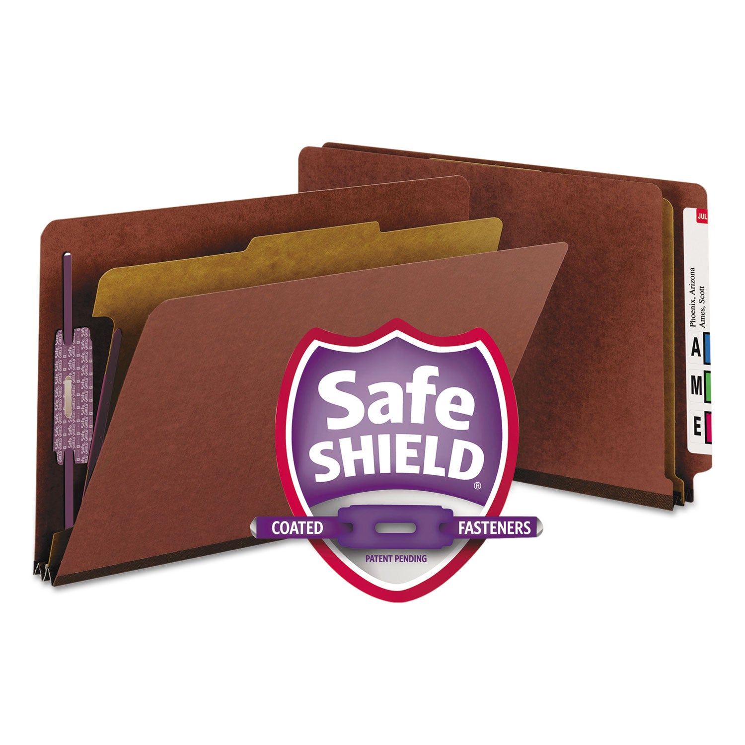 End Tab Pressboard Classification Folders, Four SafeSHIELD Fasteners, 2" Expansion, 1 Divider, Legal Size, Red, 10/Box -