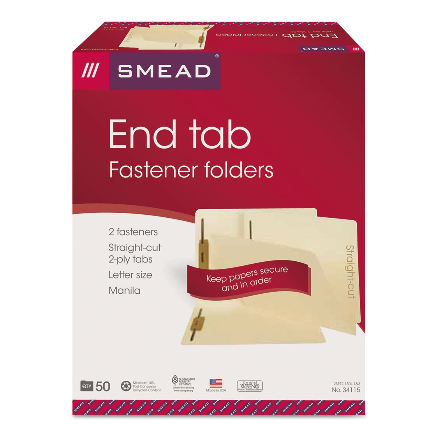 End Tab Fastener Folders with Reinforced Straight Tabs, 11-pt Manila, 2 Fasteners, Letter Size, Manila Exterior, 50/Box -