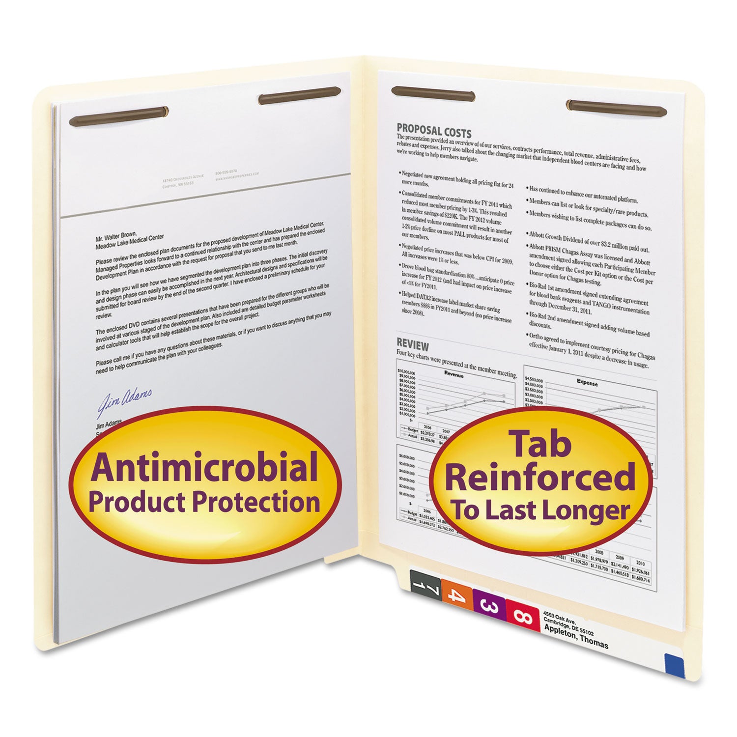 Reinforced End Tab Fastener Folders, Antimicrobial Protection, 0.75" Expansion, 2 Fasteners, Letter Size, Manila, 50/Box -