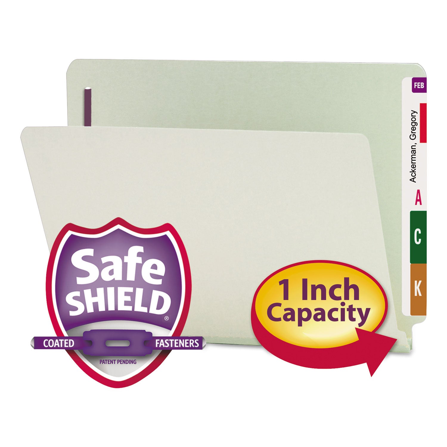 End Tab Pressboard Classification Folders, Two SafeSHIELD Coated Fasteners, 1" Expansion, Letter Size, Gray-Green, 25/Box -