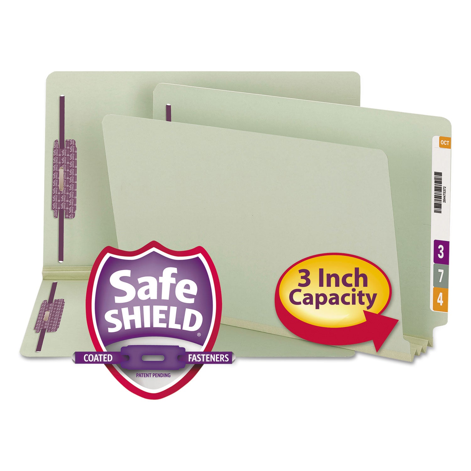 End Tab Pressboard Classification Folders, Two SafeSHIELD Coated Fasteners, 3" Expansion, Legal Size, Gray-Green, 25/Box -