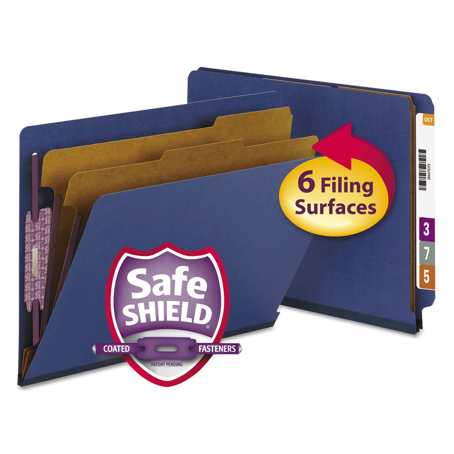 End Tab Pressboard Classification Folders, Six SafeSHIELD Fasteners, 2" Expansion, 2 Dividers, Letter Size, Dark Blue, 10/Box -