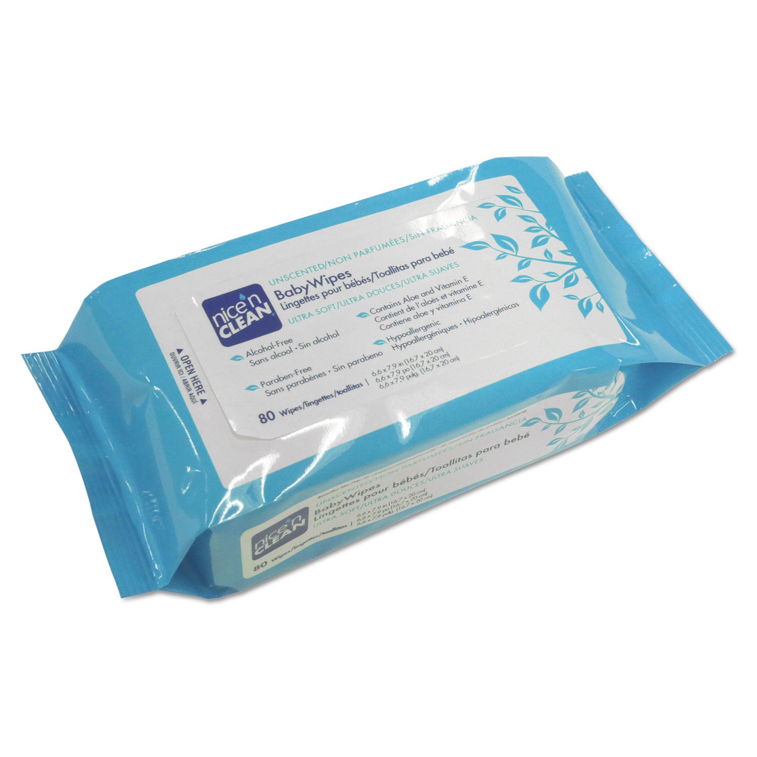 Nice 'n Clean Baby Wipes, 1-Ply, 6.6 x 7.9, Unscented, White, 80/Pack, 12 Packs/Carton -
