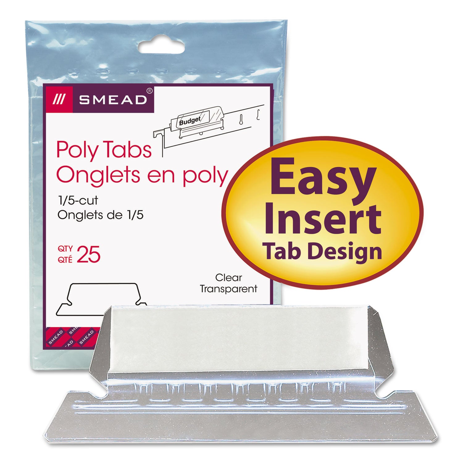 Poly Index Tabs and Inserts For Hanging File Folders, 1/5-Cut, White/Clear, 2.25" Wide, 25/Pack -