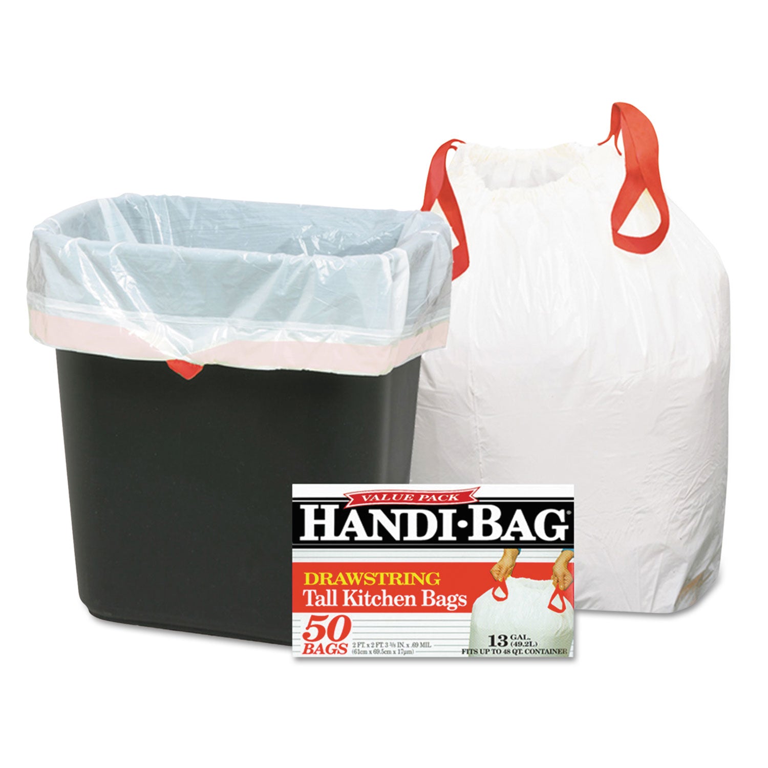 Drawstring Kitchen Bags, 13 gal, 0.6 mil, 24" x 27.4", White, 50 Bags/Box, 6 Boxes/Carton -