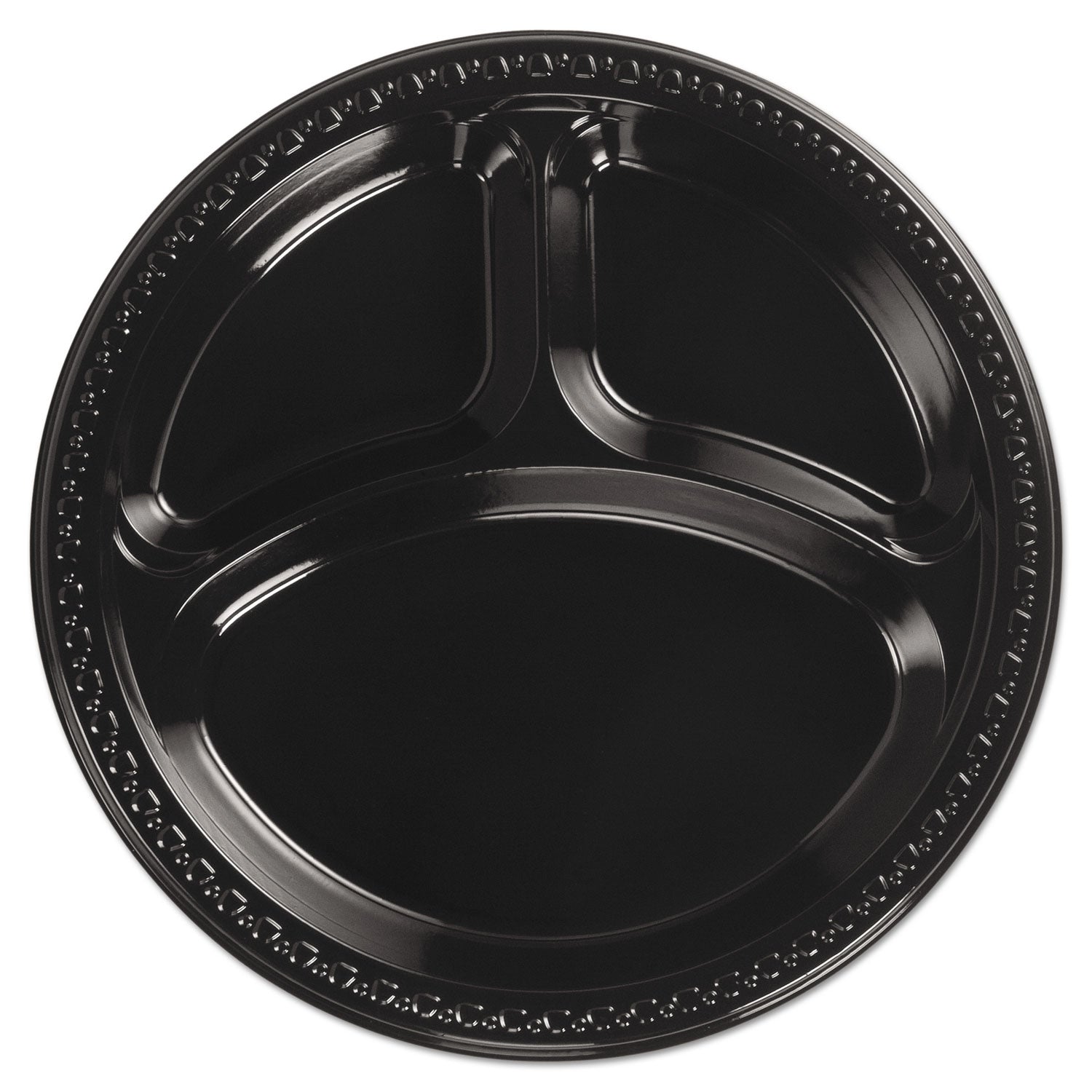 Heavyweight Plastic 3-Compartment Plates, 10.25" dia, Black, 125/Pack 4 Packs/Carton -