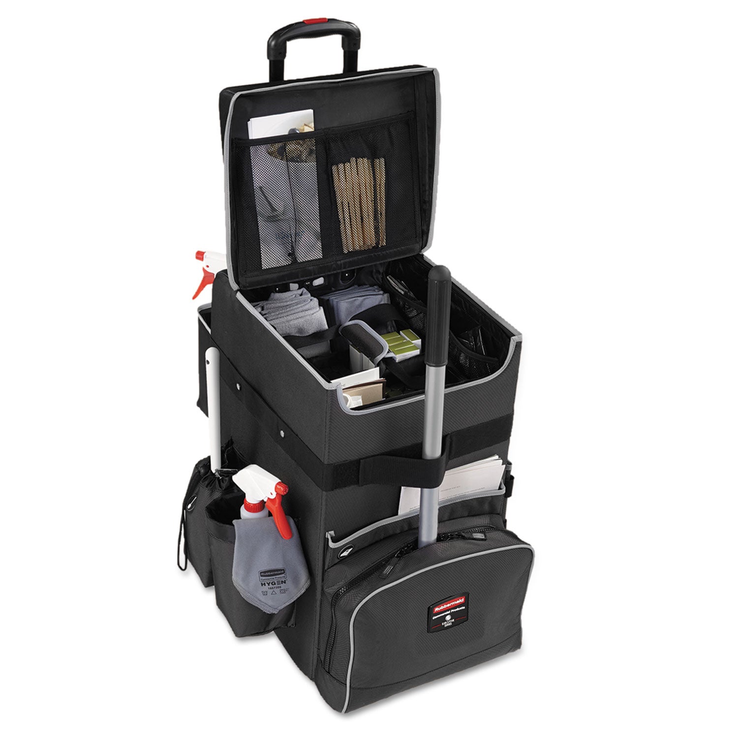 Executive Quick Clean Janitorial Cart, Synthetic Fabric, 16 Compartments, 14.25" x 16.5" x 25", Dark Gray -