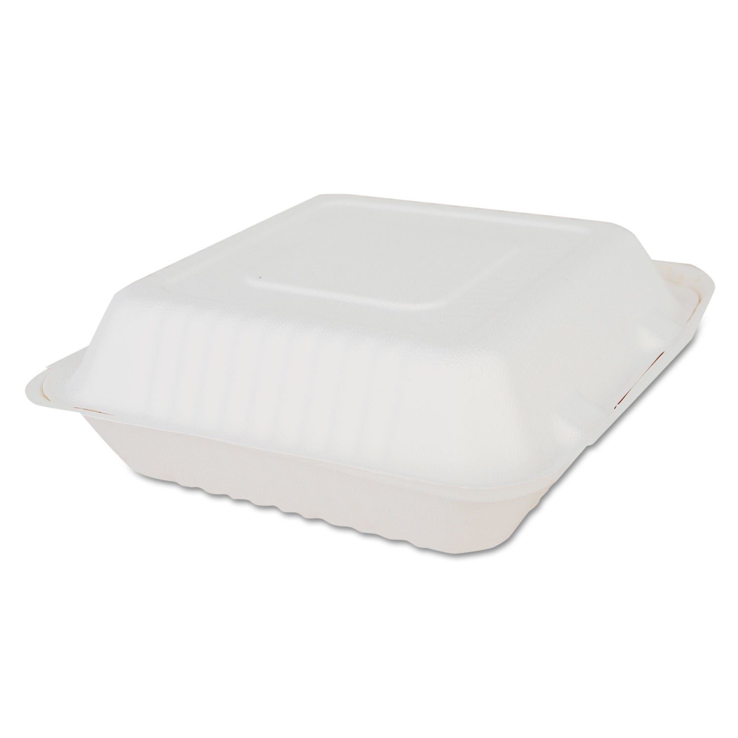 champware-molded-fiber-clamshell-containers-9-x-9-x-3-white-sugarcane-200-carton_sch18935 - 1
