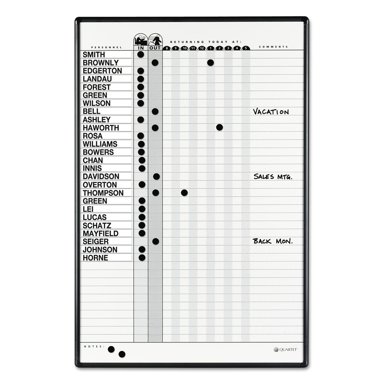 Employee In/Out Board System, Up to 36 Employees, 24 x 36, Porcelain White/Gray Surface, Black Aluminum Frame -