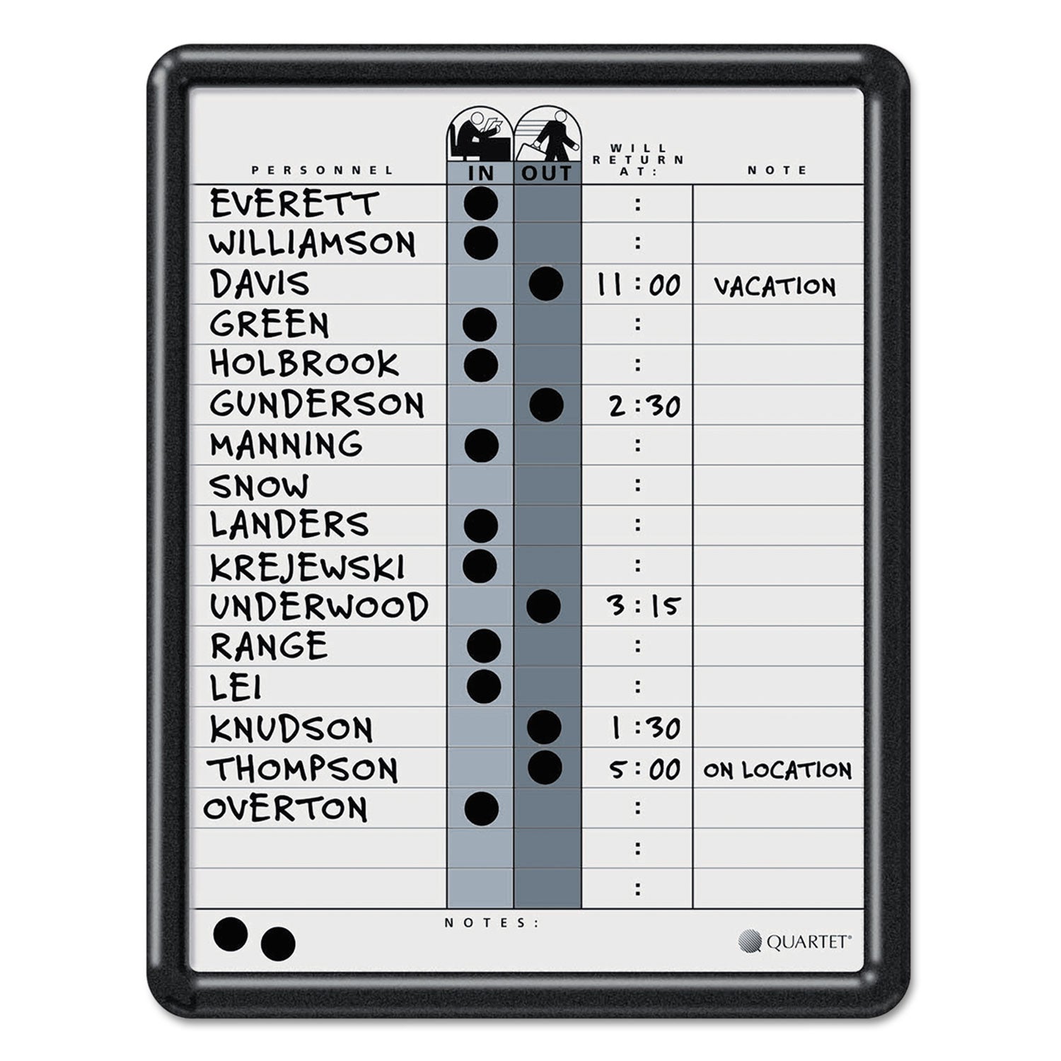 Employee In/Out Board, 11 x 14, Porcelain White/Gray Surface, Black Plastic Frame -